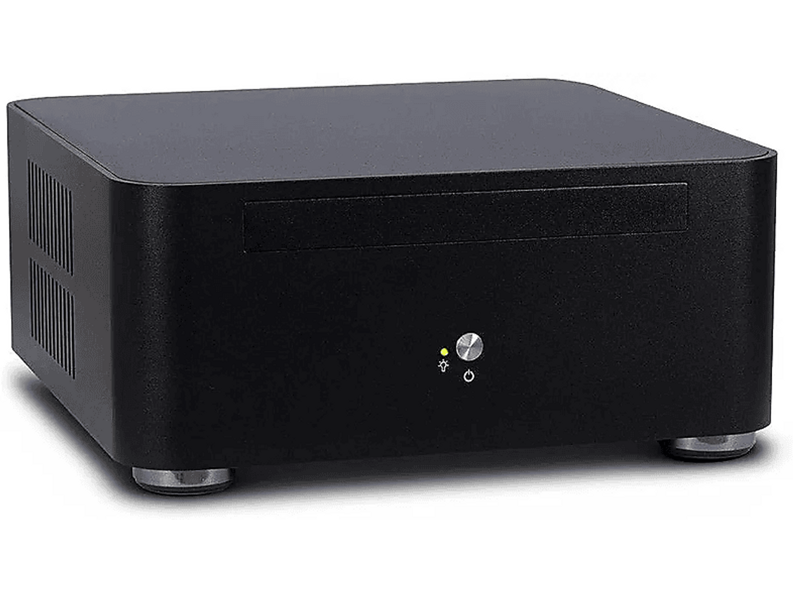 Czarne prostokątne urządzenie z przyciskiem i światłem na przednim panelu.
