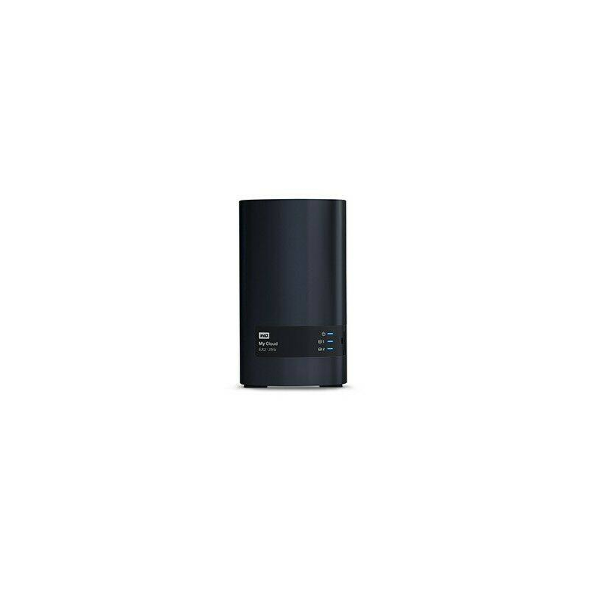 Schwarze WD My Cloud EX2 Ultra. Es ist ein vertikales, rechteckiges Gerät auf weißem Grund.