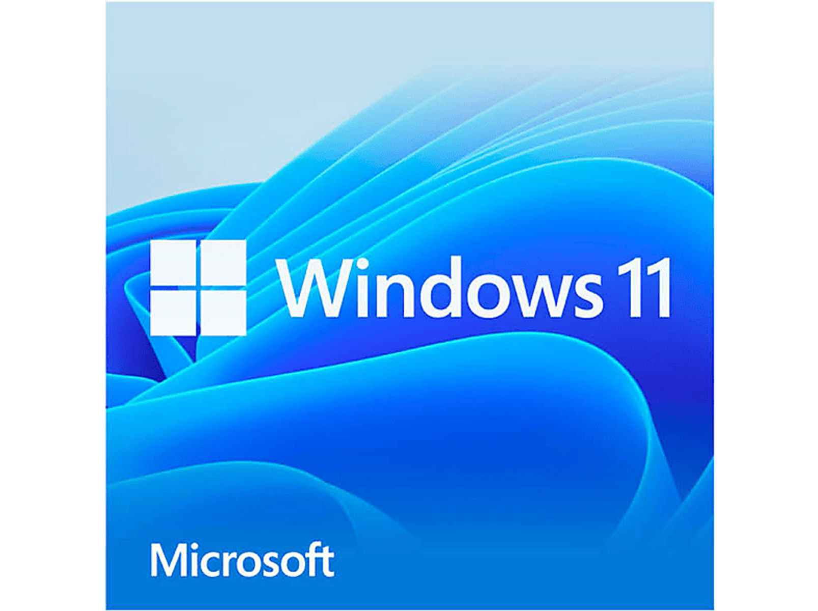 Logo i tekst Windows 11 na niebieskim tle fal. Białe logo.