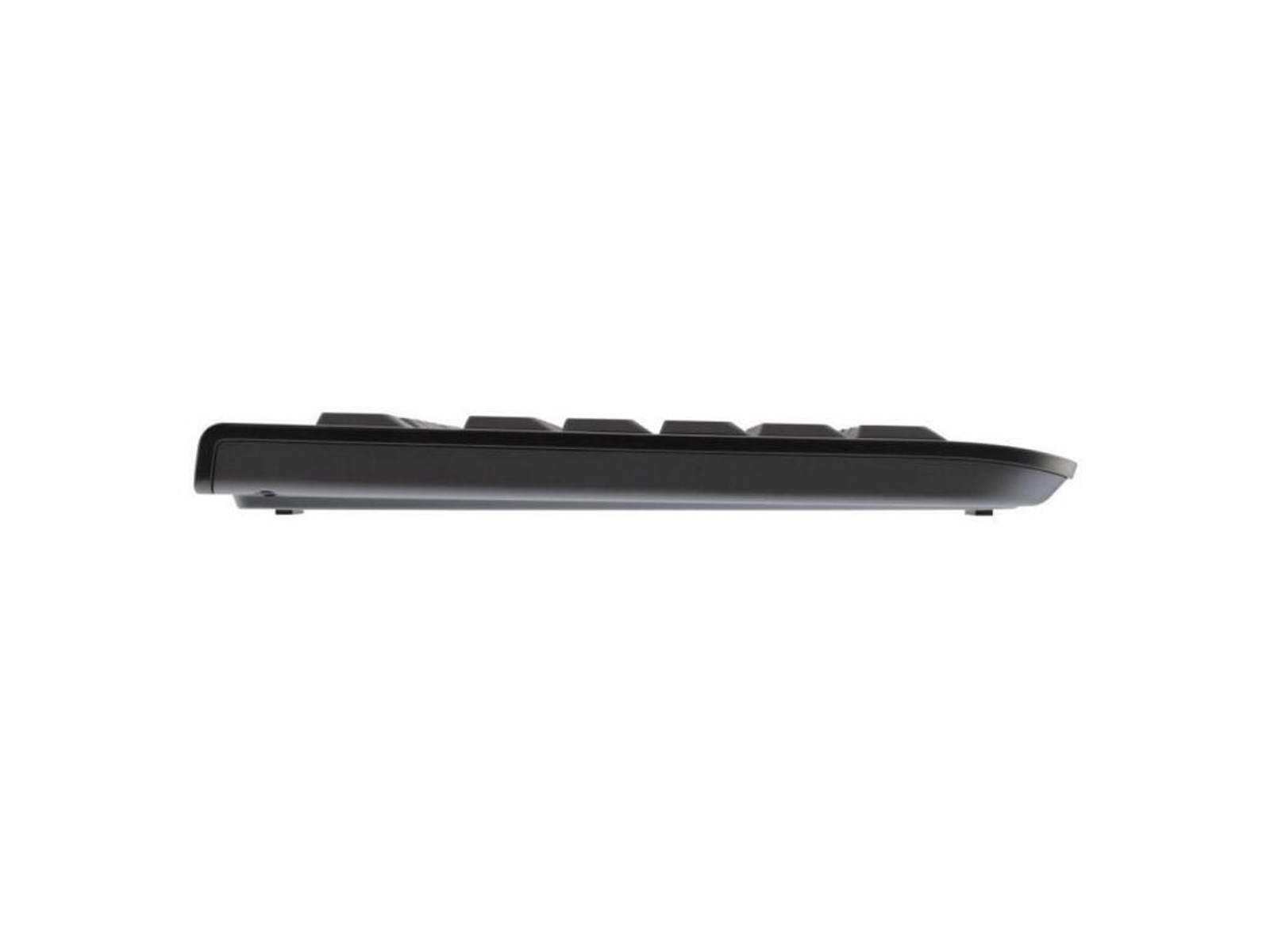 Eine schwarze Tastatur, von der Seite gesehen. Sie ist rechteckig und hat erhöhte Tasten.