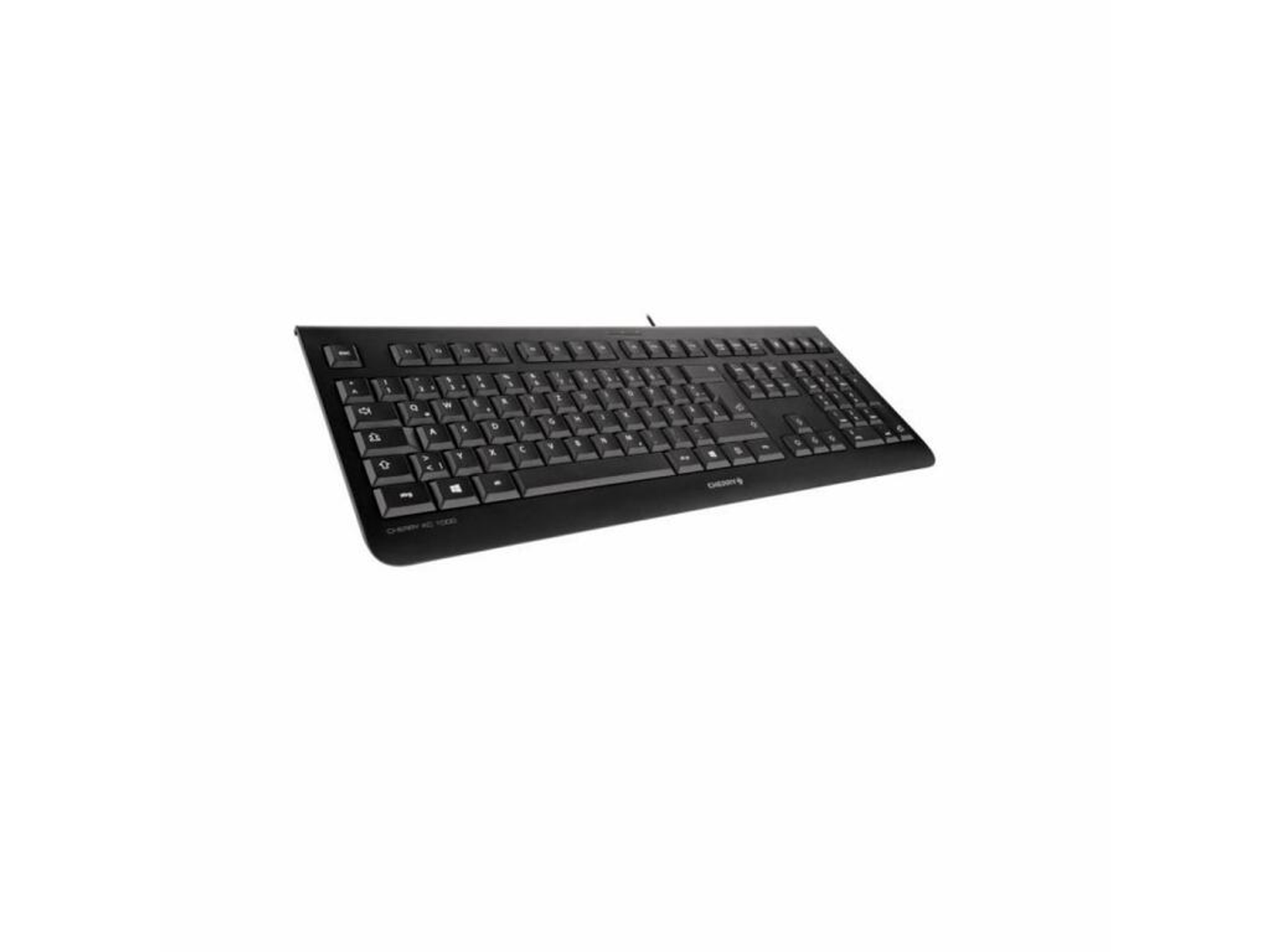 Schwarze Cherry-Tastatur auf weißem Hintergrund. Tasten sind sichtbar.