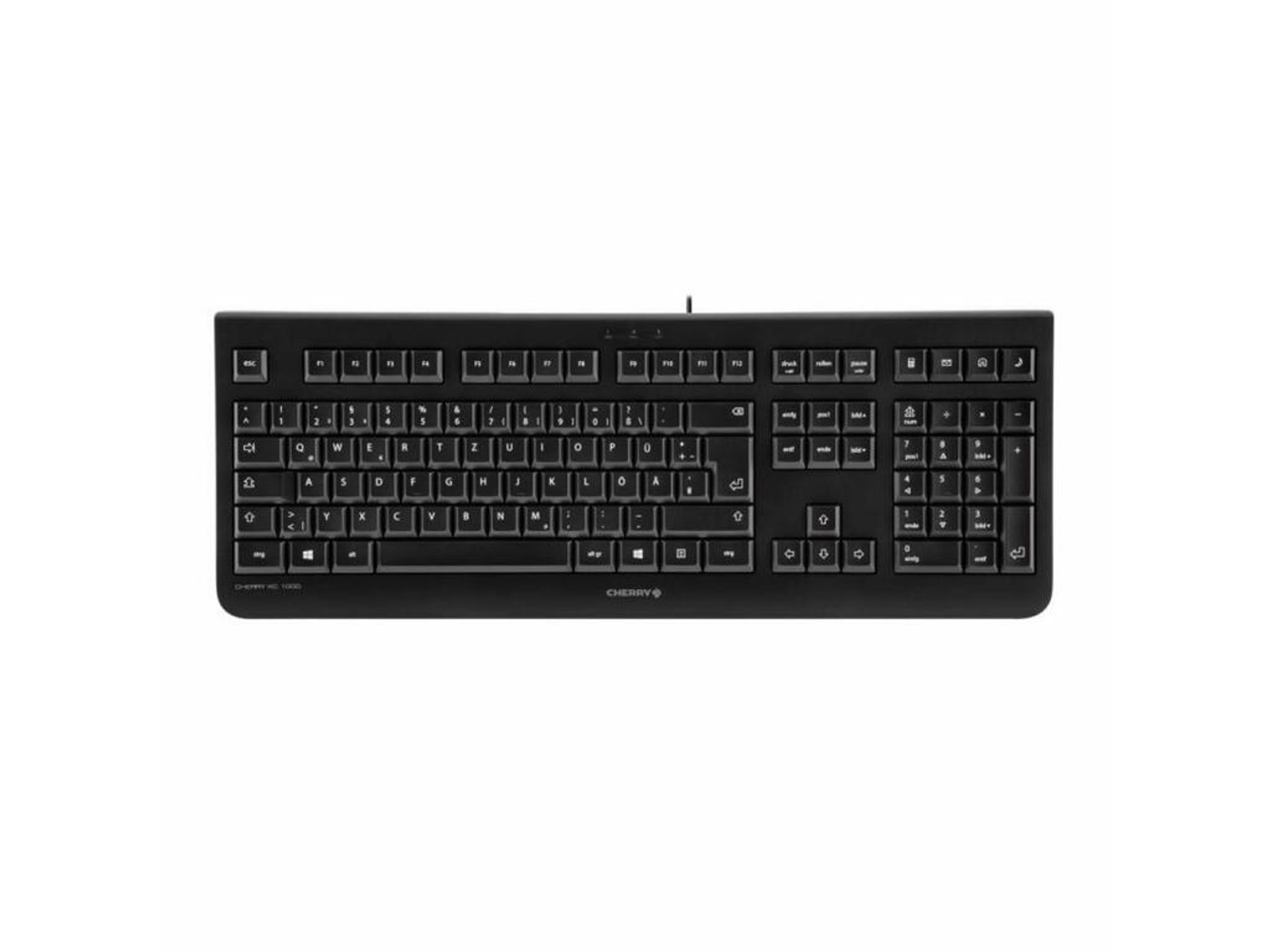 Schwarze Cherry-Tastatur mit vollständigem Layout auf weißem Hintergrund.