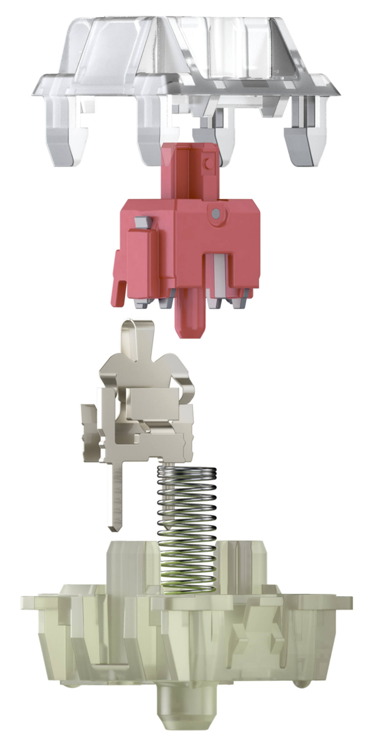 Rozłożony przełącznik klawiatury mechanicznej pokazujący części.