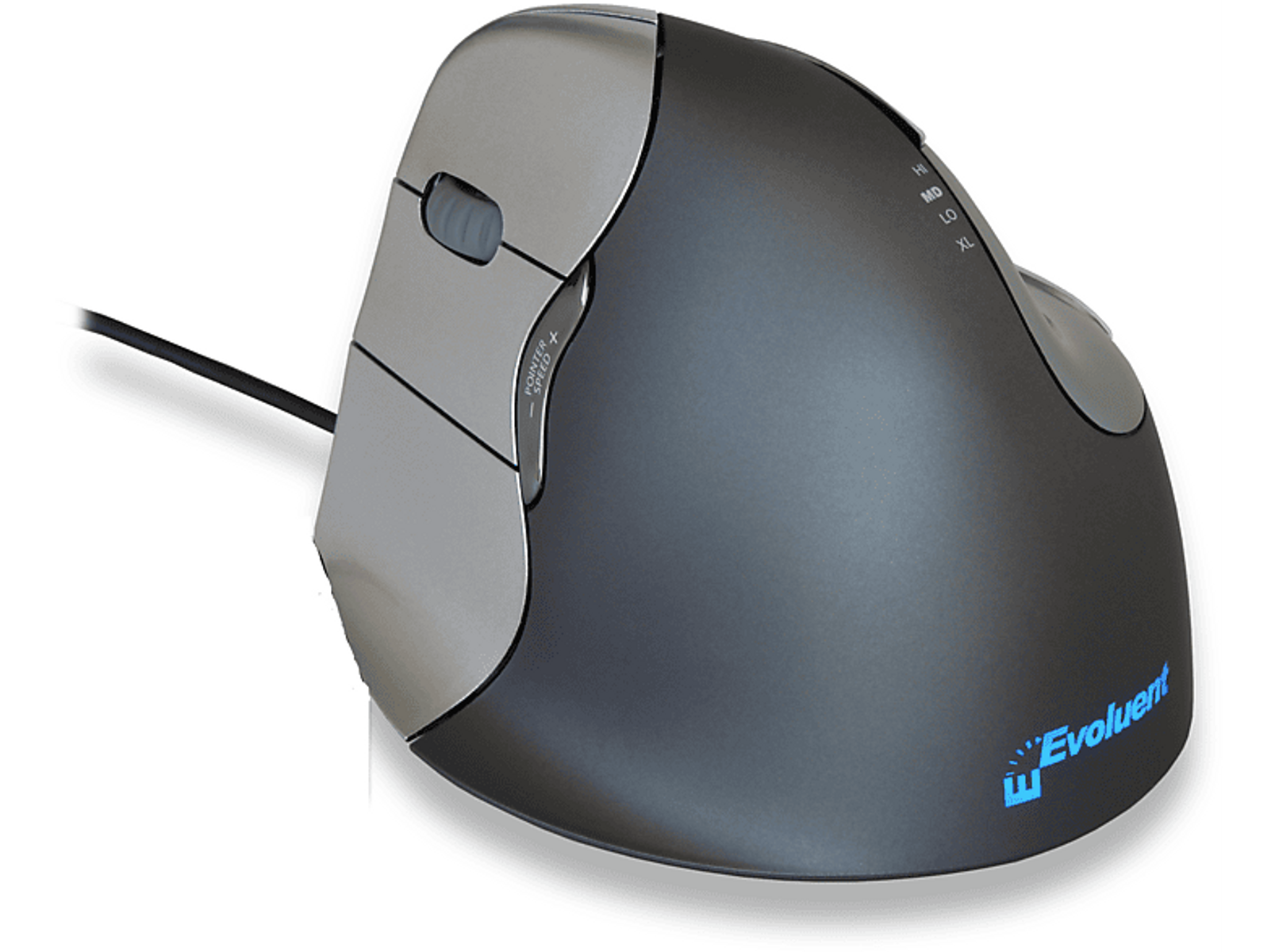 Ergonomische computermuis, zwart en zilver, ontworpen voor rechtshandig gebruik.