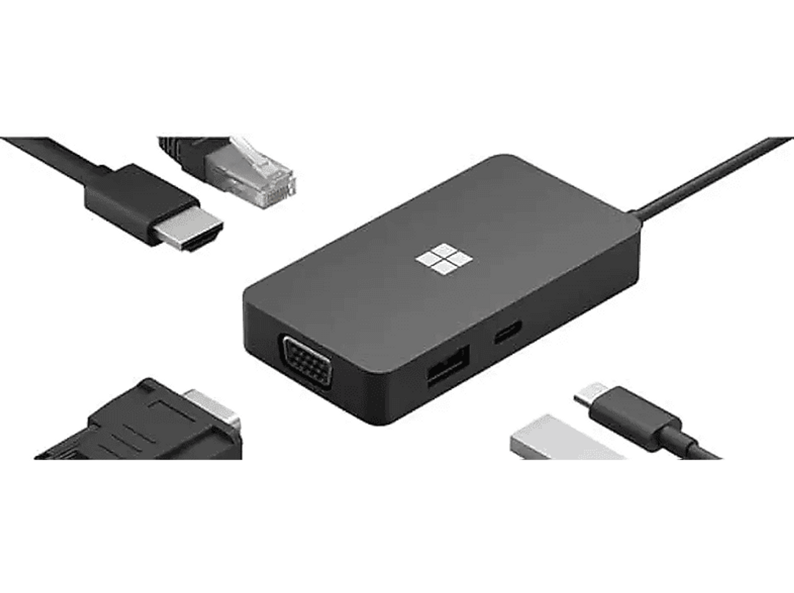 Schwarze Microsoft-Dockingstation mit verschiedenen angeschlossenen Kabeln: HDMI, USB und Ethernet.