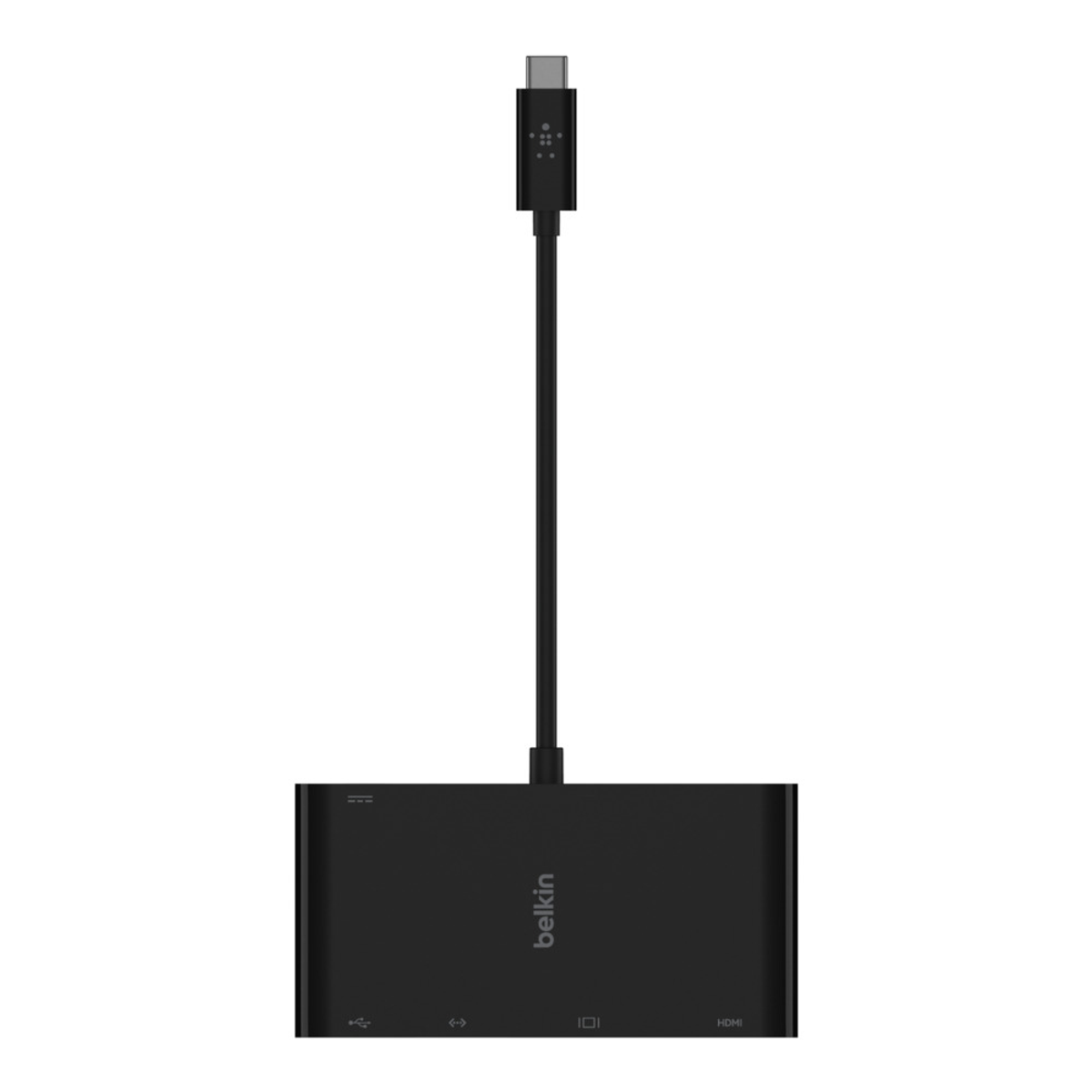 Un hub USB-C Belkin nero con porte USB, HDMI e altre. Un cavo USB-C si estende dalla parte superiore.