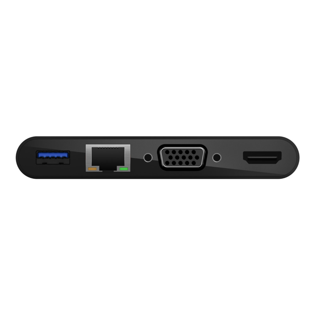 Dispositivo nero con porte USB, Ethernet, VGA e HDMI. Primo piano su sfondo bianco.