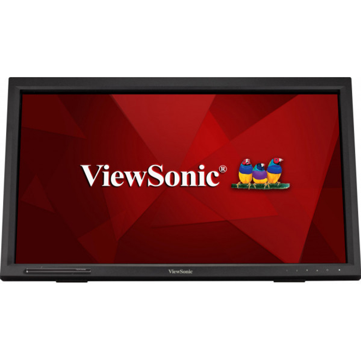 Monitor płaskoekranowy wyświetla logo ViewSonic. Ekran ma czerwone tło gradientowe.