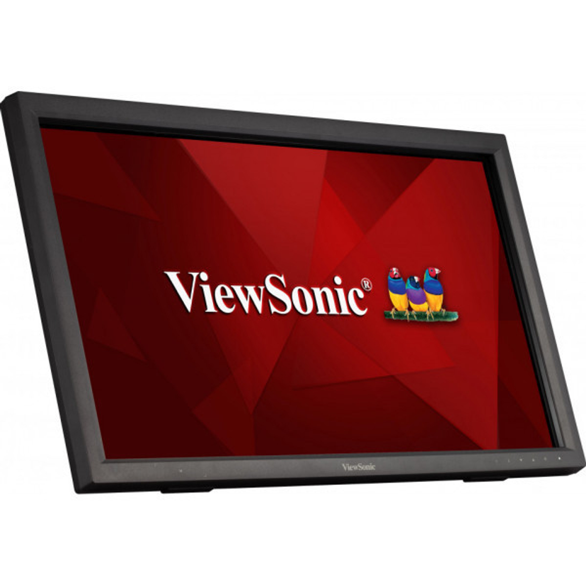Monitor ViewSonic. Czarna ramka, czerwone tło z białym tekstem i logo ViewSonic. Widok z kąta.