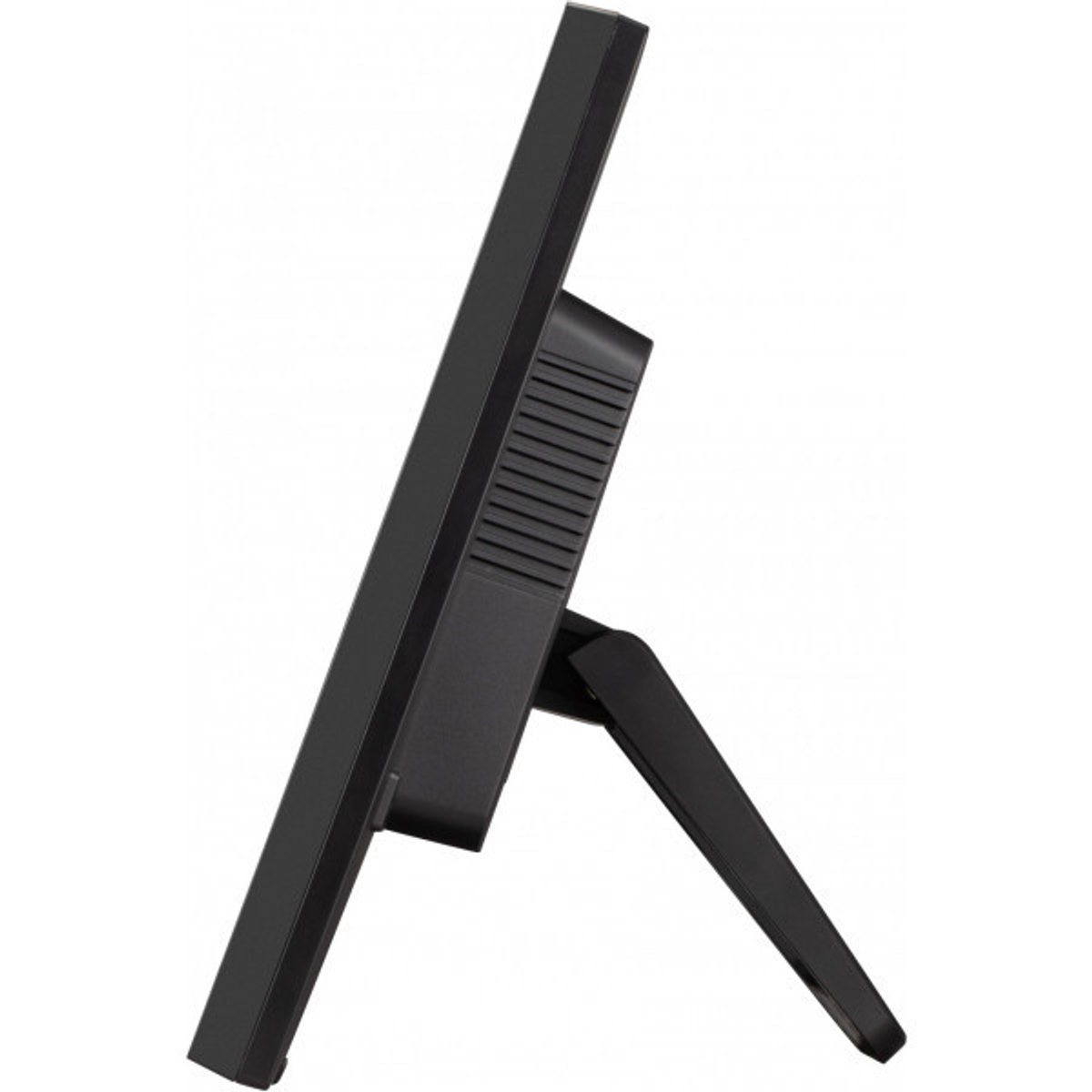 Widok z boku czarnego monitora komputera na stojaku.