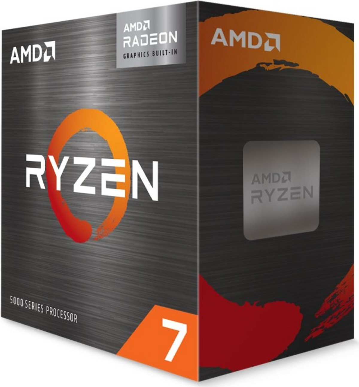 Pudełko procesora AMD Ryzen 7. Czarne, szare i pomarańczowe pudełko z logo AMD i Ryzen.