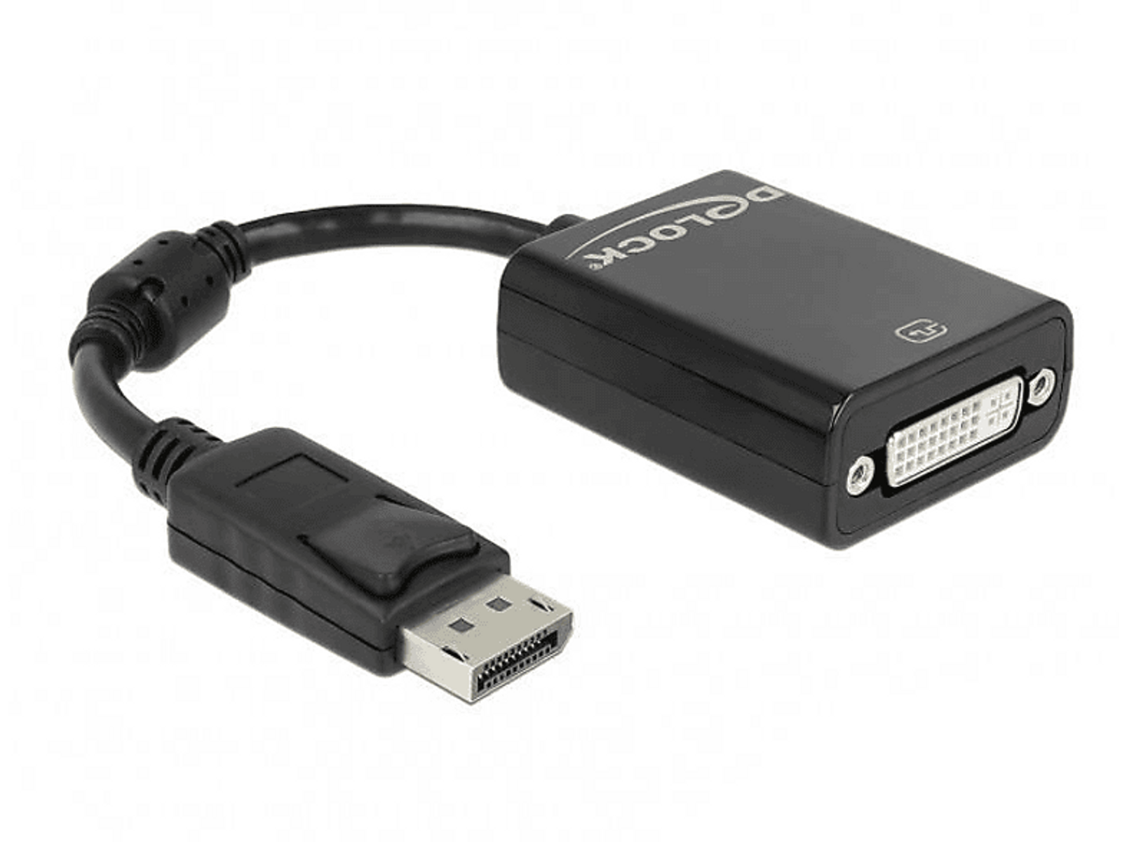 Schwarzes DisplayPort-zu-DVI-Adapterkabel. Das DVI-Ende ist sichtbar. Weißer Hintergrund.