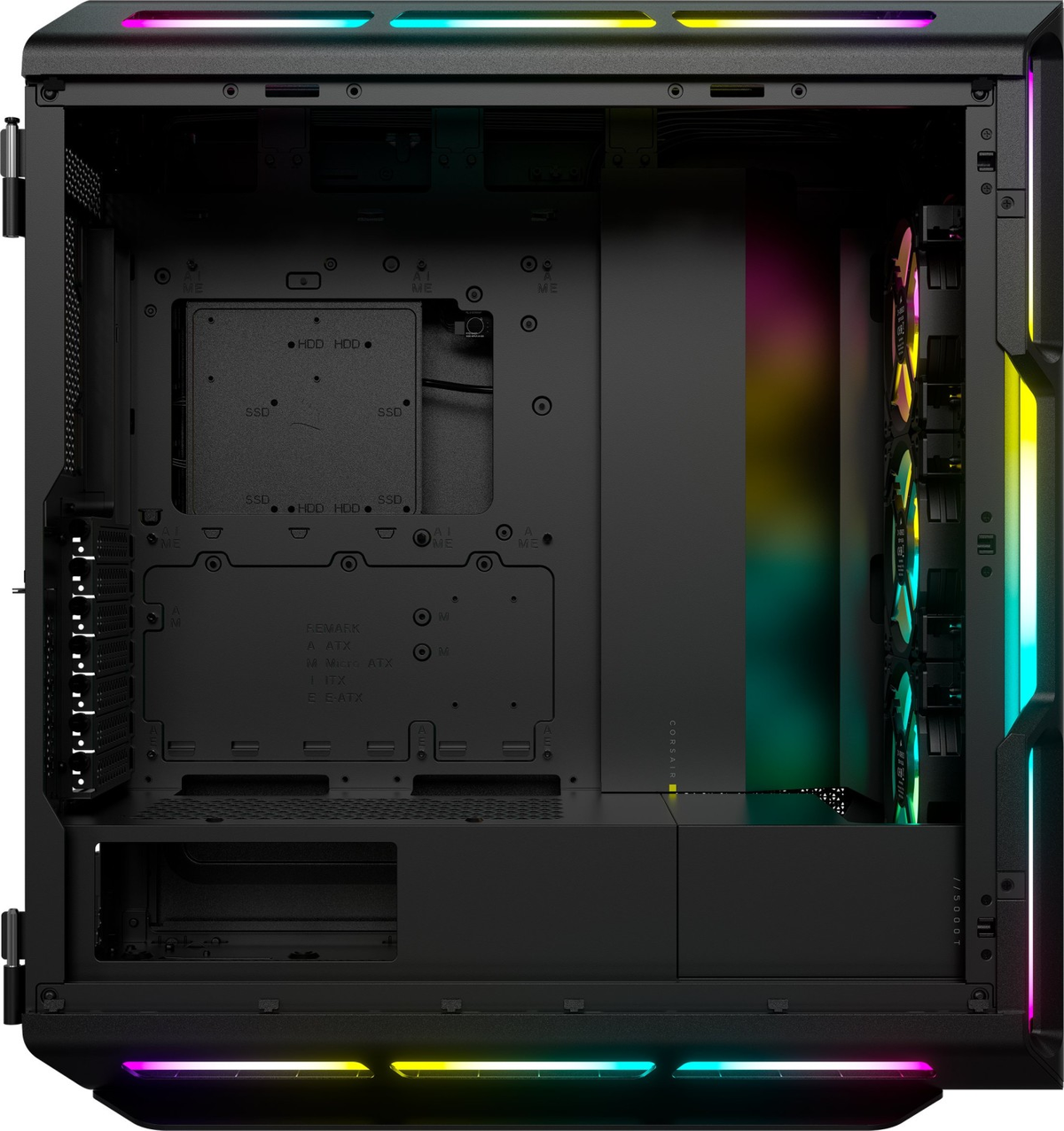 The inside of a black computer case with RGB lighting and components visible, featuring a Corsair logo.
