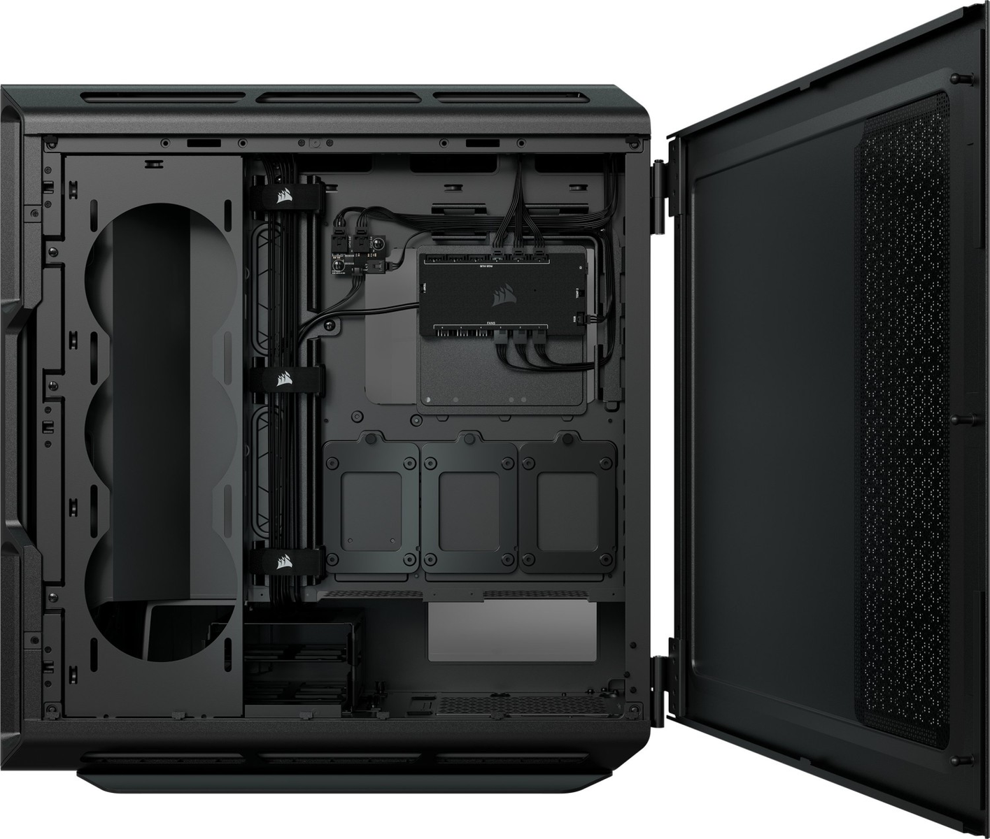 Computer case interior, open, showing components and wiring. Black case, open side.
