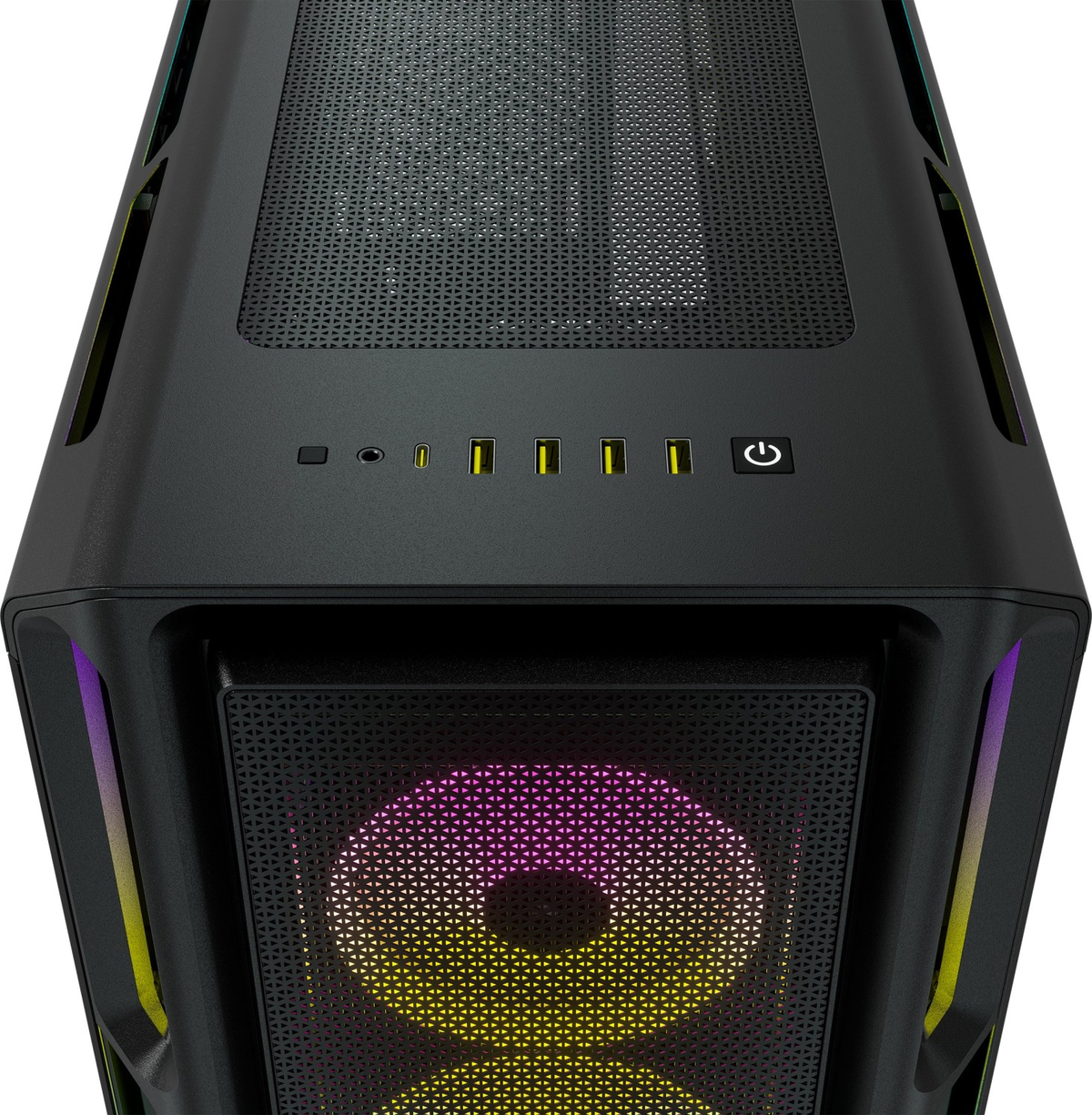 Computer case from above, black with mesh and ports. Includes power and USB connections.