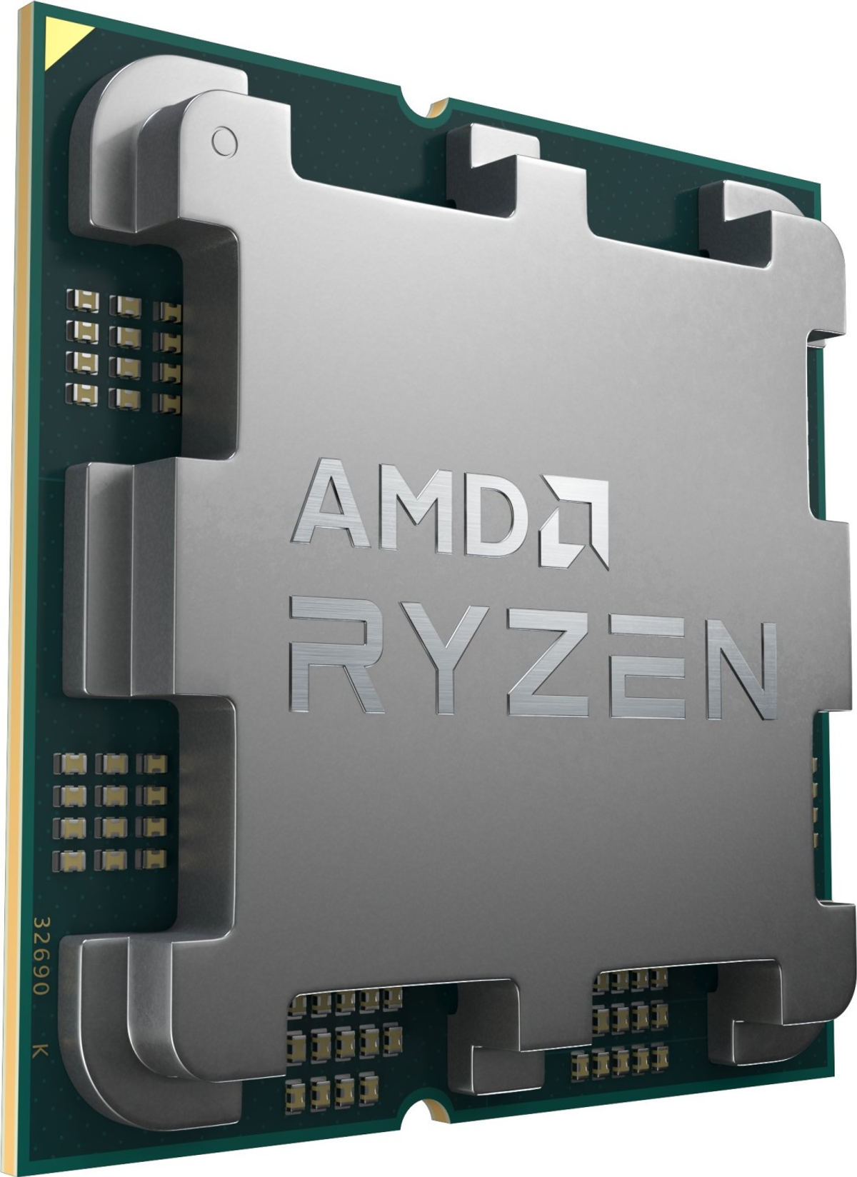 Zbliżenie procesora AMD Ryzen, srebrny, z logo Ryzen na górze.