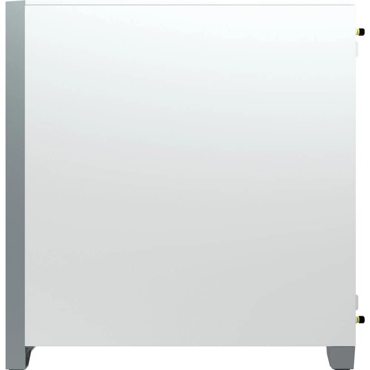 Un case per computer bianco, vista laterale, con finiture grigie. Ha un design elegante ed è isolato su sfondo bianco.