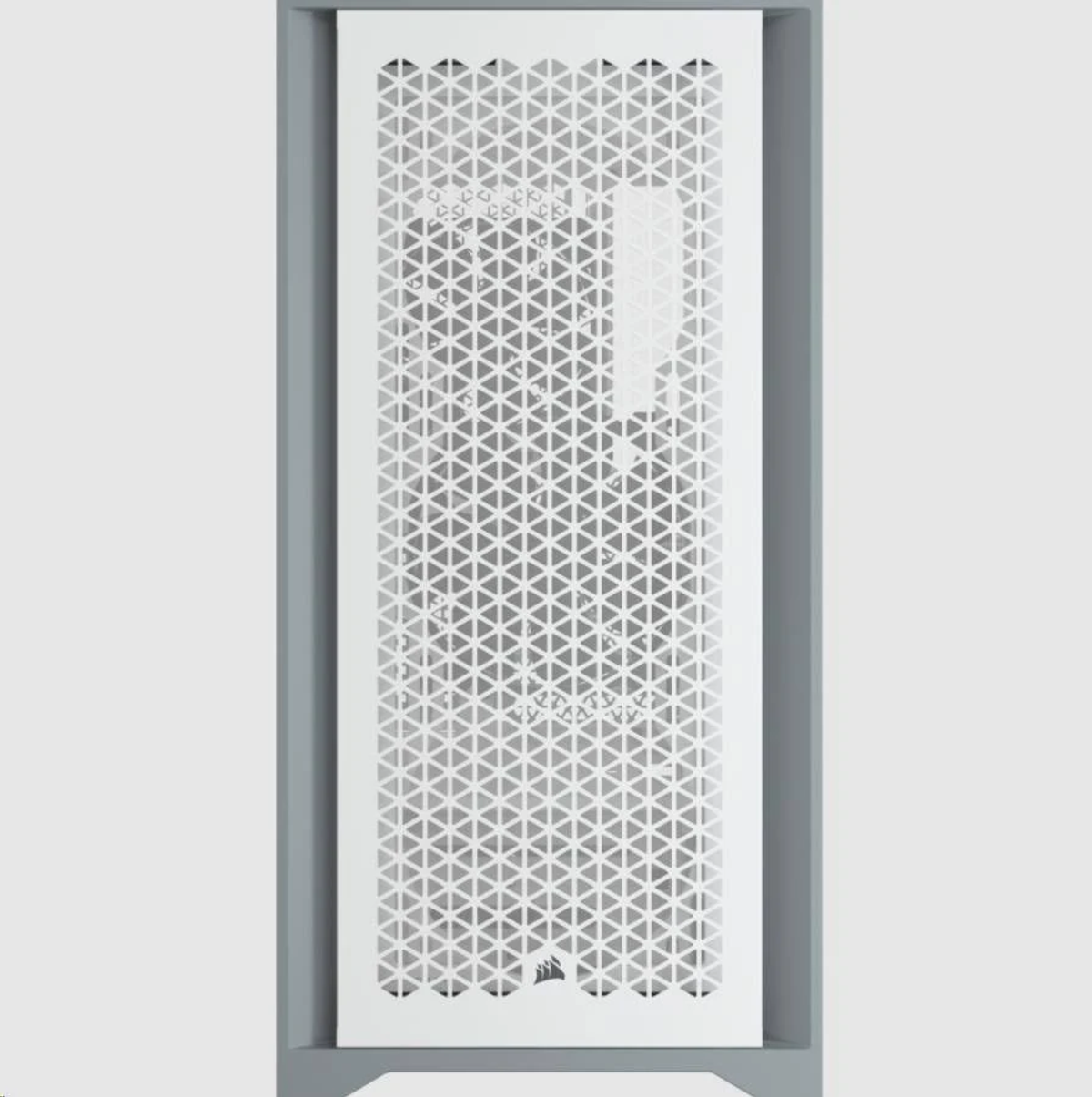 Pannello frontale bianco del case del computer. Ha un motivo geometrico perforato. Lo sfondo è grigio.
