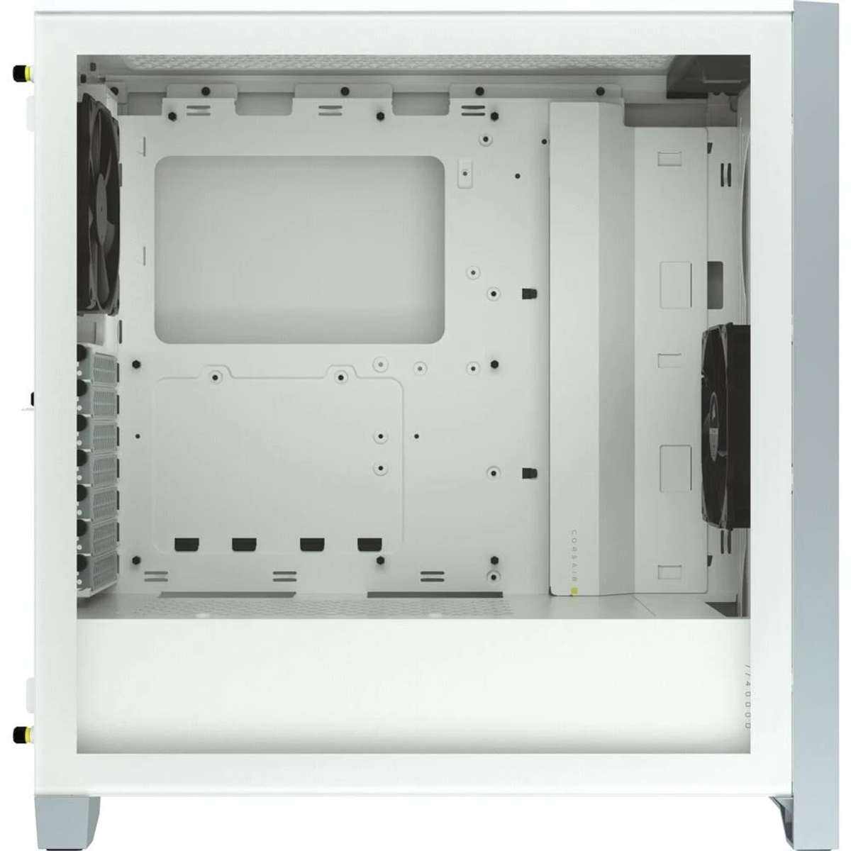 All'interno di un case per computer bianco. Rivela l'area della scheda madre, ventole e componenti strutturali.