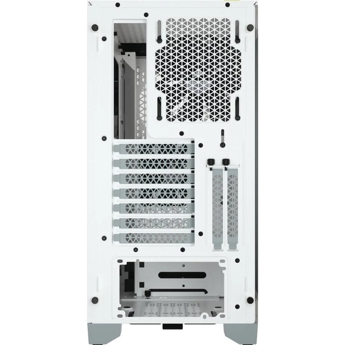 Case bianco per computer con pannello posteriore aperto, su sfondo bianco.
