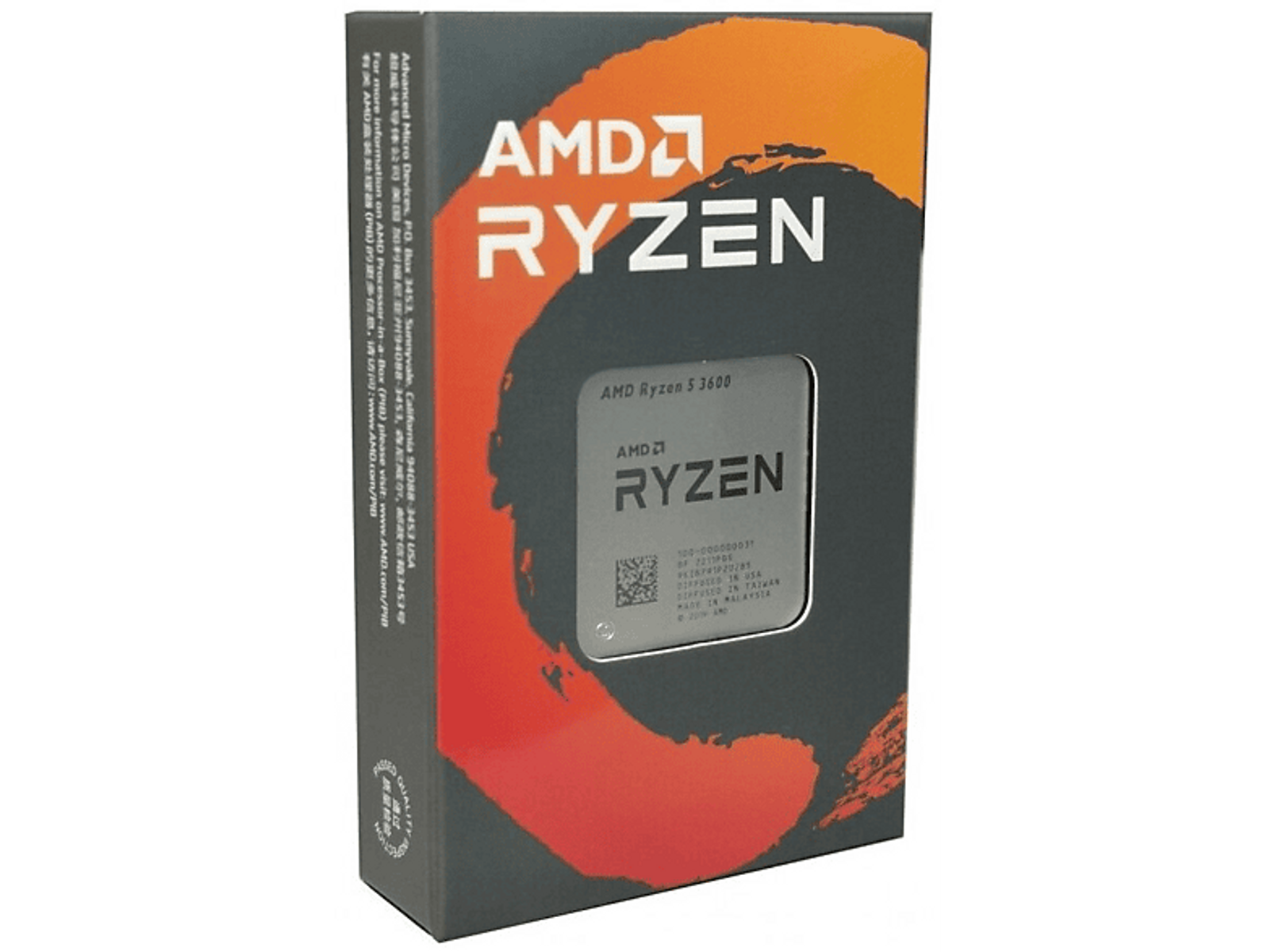 Scatola del processore AMD Ryzen 5 3600 su sfondo nero.