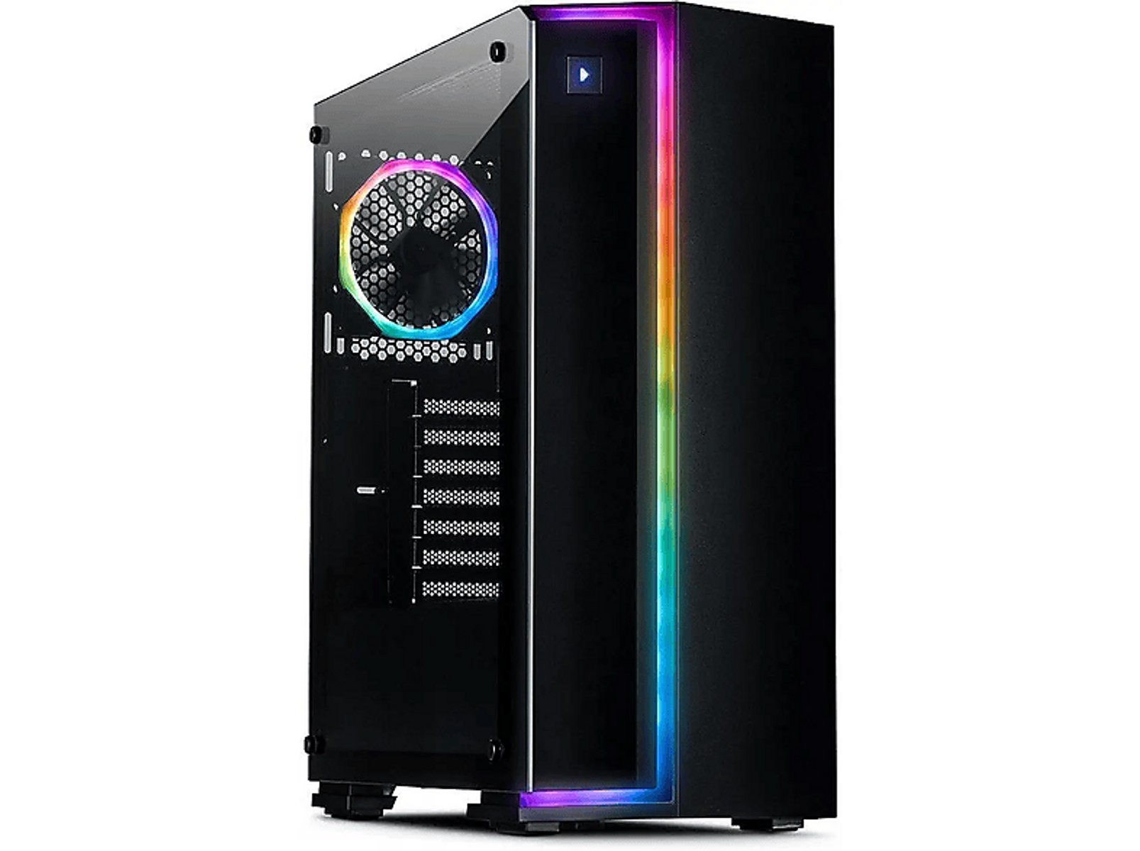 Czarna obudowa komputera ze szklanym panelem bocznym, wentylatorami z kolorowymi światłami i neonowym paskiem świetlnym.