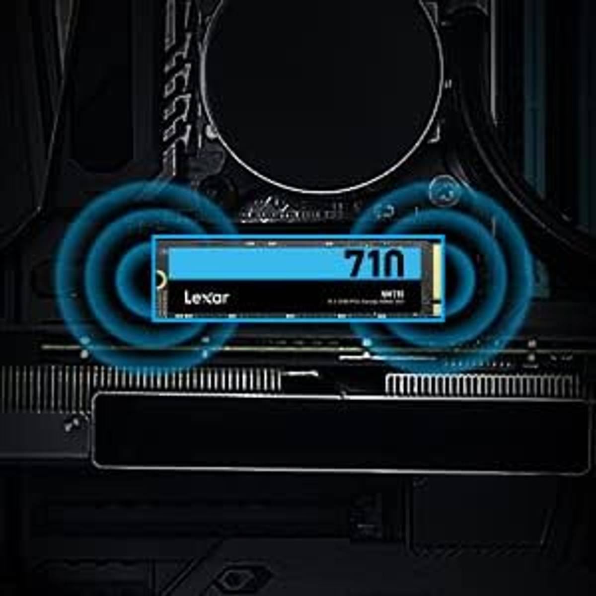 Lexar SSD. Niebiesko-czarny, z tekstem i świecącymi okręgami.