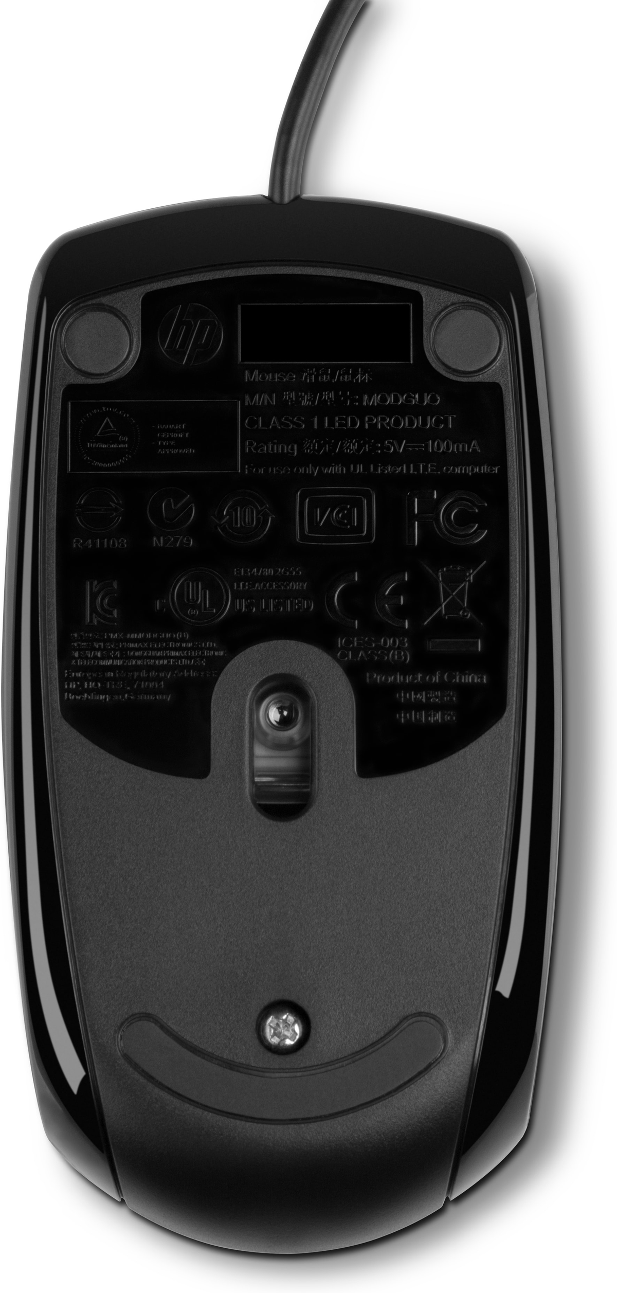 Souris d'ordinateur noire. Dessous avec étiquettes et un capteur. Câble noir attaché.