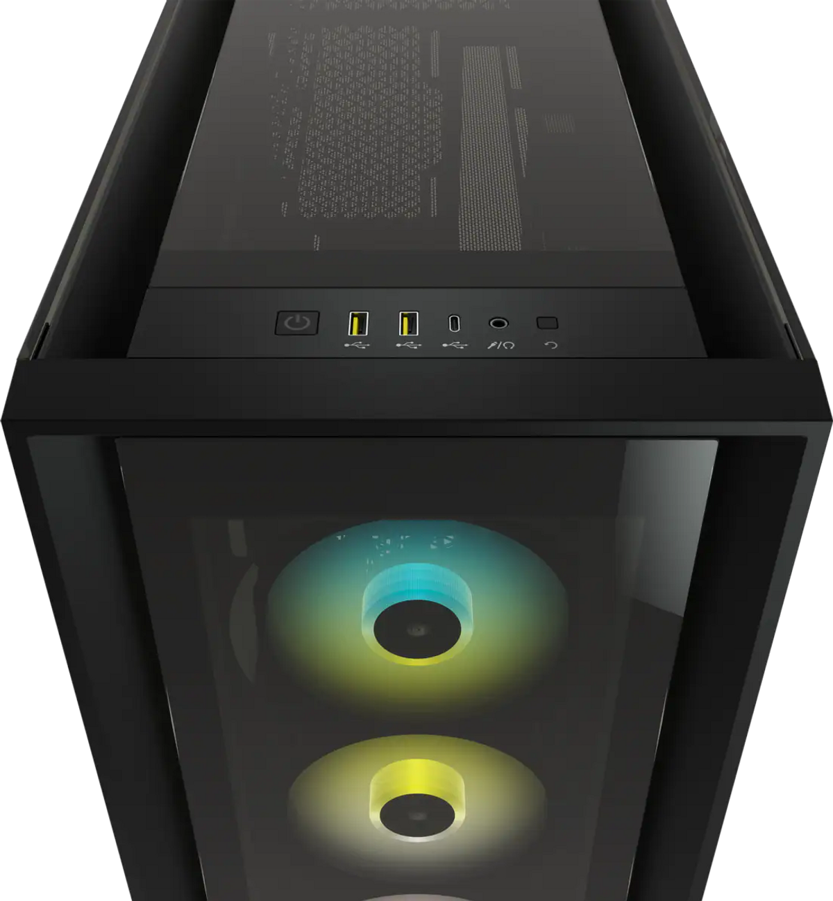 Czarna obudowa komputera, widok z góry, z wentylatorami podświetlonymi na niebiesko i żółto, na ciemnym tle.