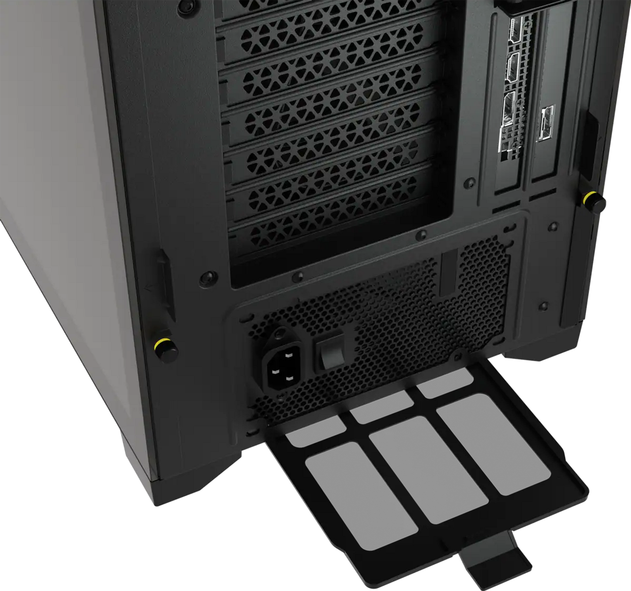 Tył czarnej obudowy komputera, pokazujący porty, wentylator i zasilacz.