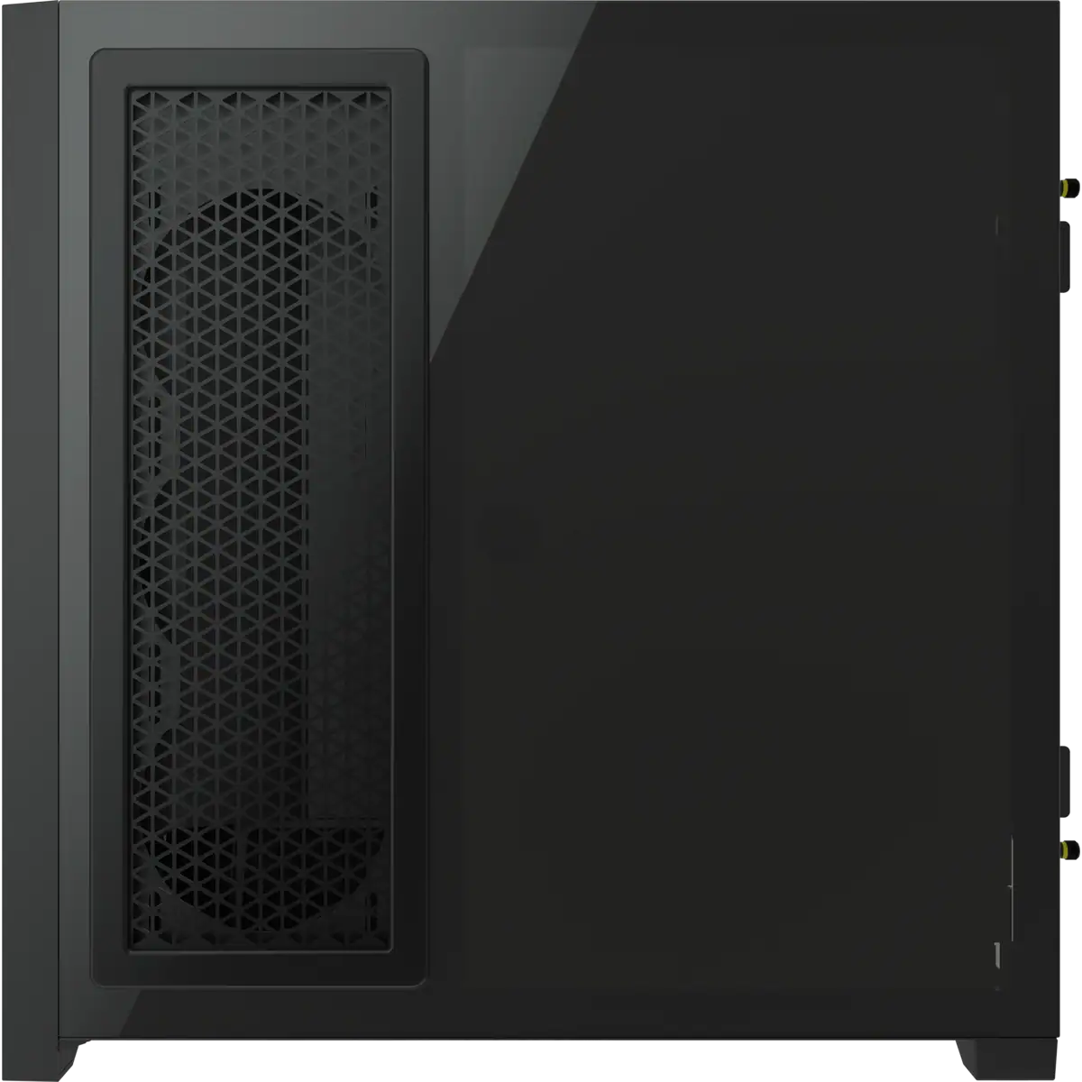 Czarna obudowa komputera. Widok z przodu z wzorem kratki po lewej. Szklany panel po prawej.