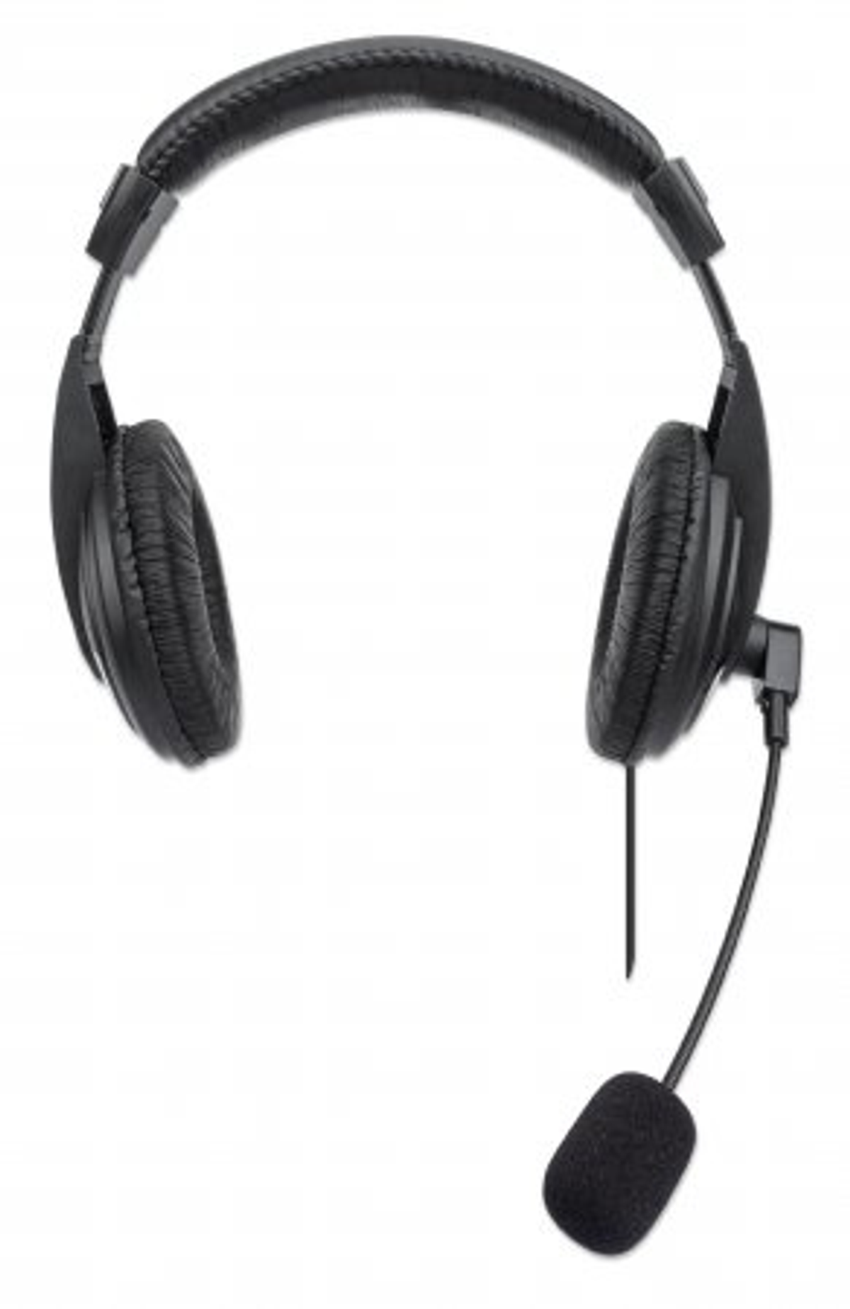 Schwarzes Headset mit Mikrofon, nach rechts abgewinkelt. Es befindet sich auf weißem Hintergrund.