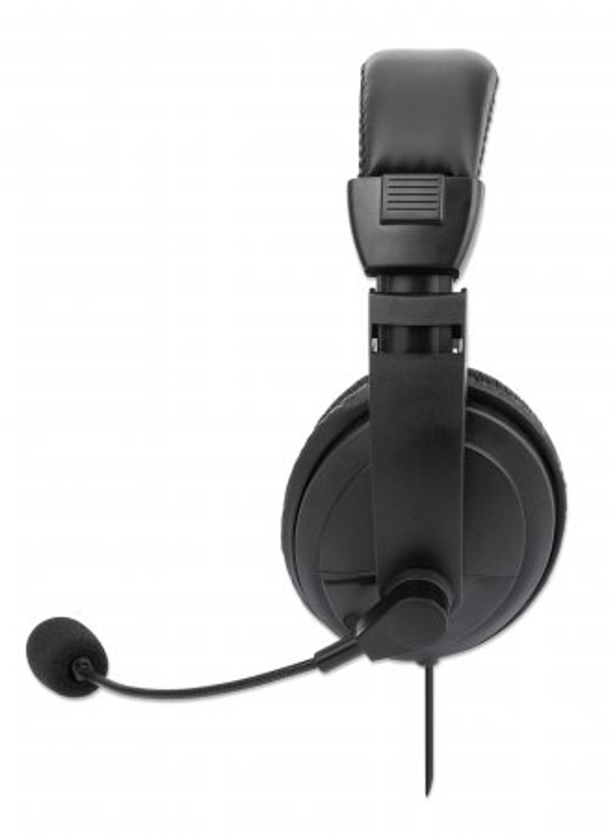 Schwarzes Headset mit Mikrofon. Das Headset befindet sich auf weißem Hintergrund.