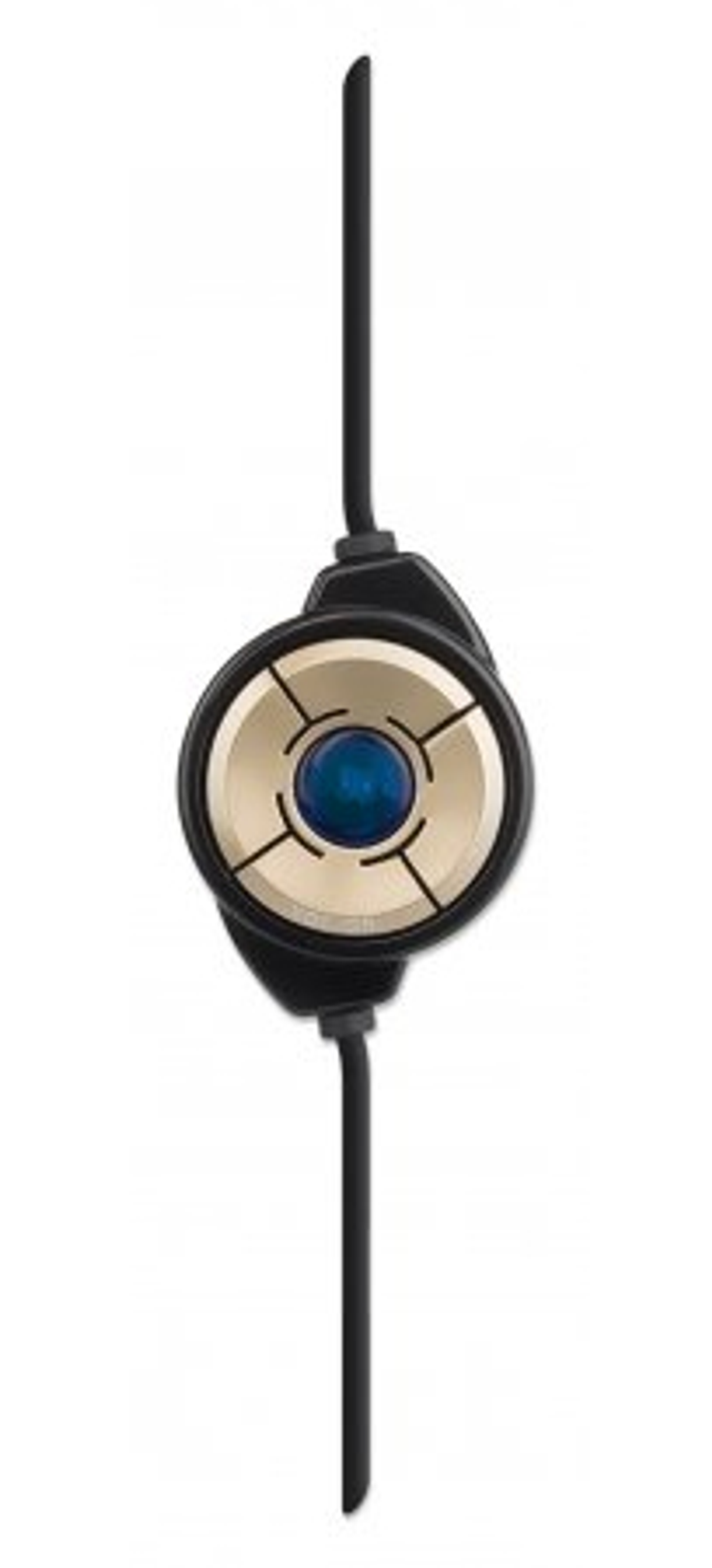 Schwarzer und goldener In-Ear-Kopfhörer-Controller. Es hat vier Tasten mit einem blauen Zentrum und schwarzen Drähten.