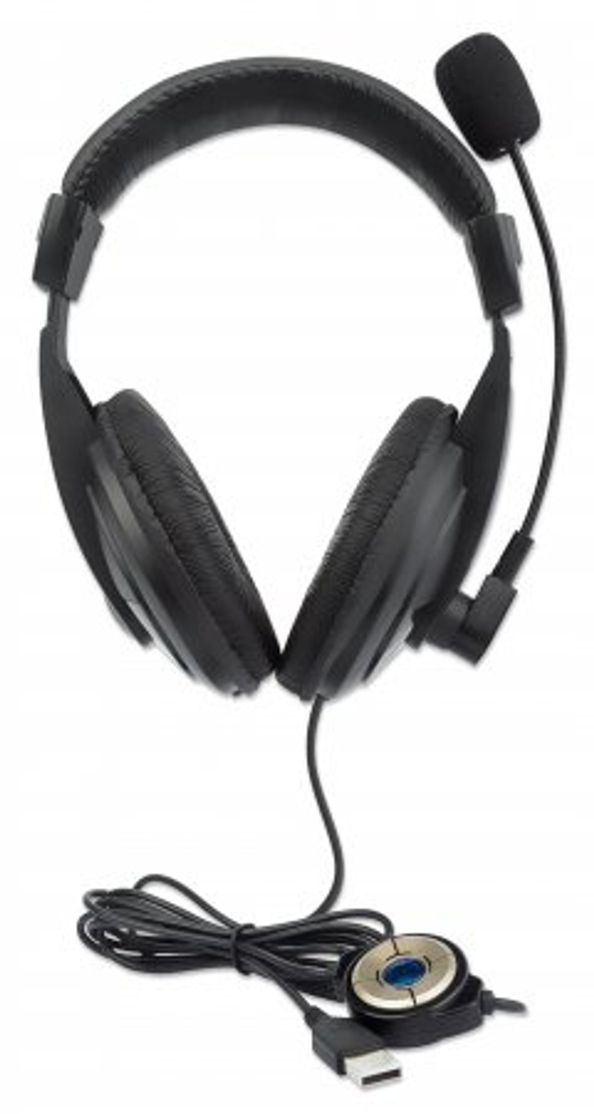 Schwarzes Headset mit Mikrofon, Kabel und USB-Anschluss.