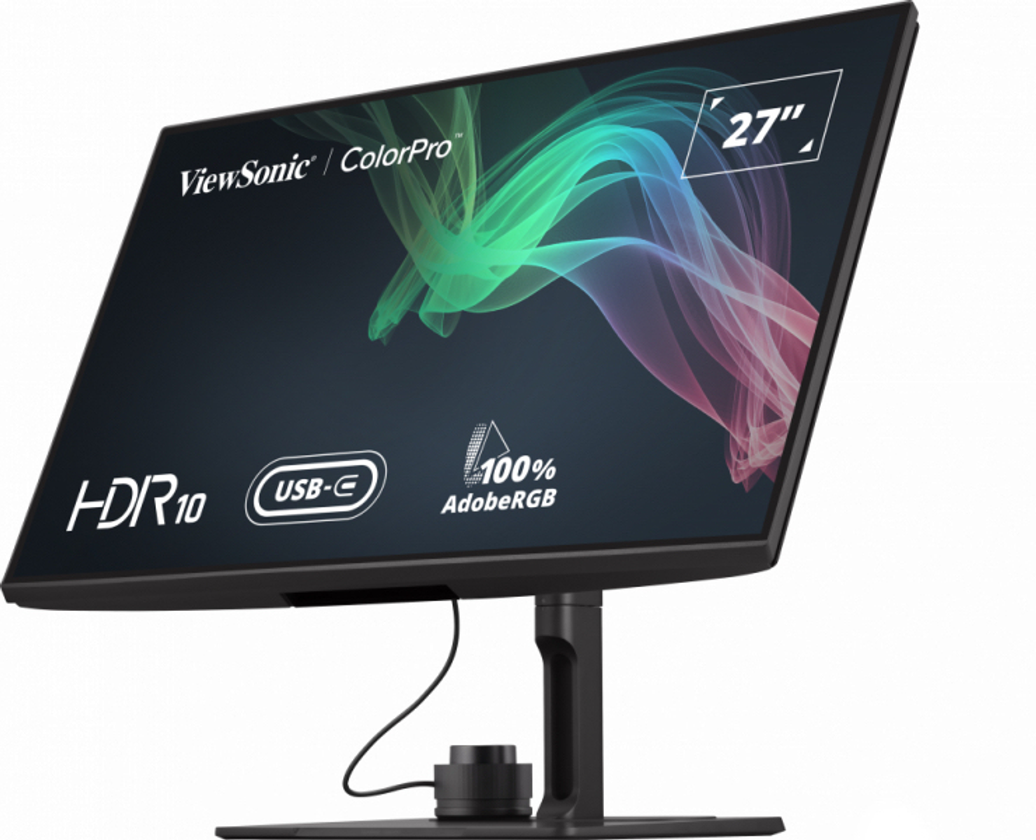 Schwarzer Monitor mit farbenfroher Anzeige, zeigt ViewSonic Logo, 27" und weiteren Text.