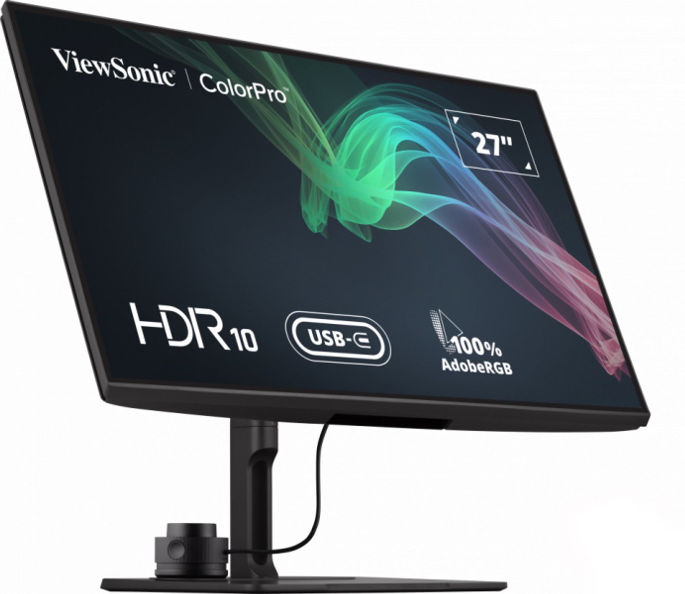 Ein Computermonitor mit schwarzem Rahmen zeigt eine farbenfrohe Grafik mit dem Text: 'ViewSonic ColorPro'.