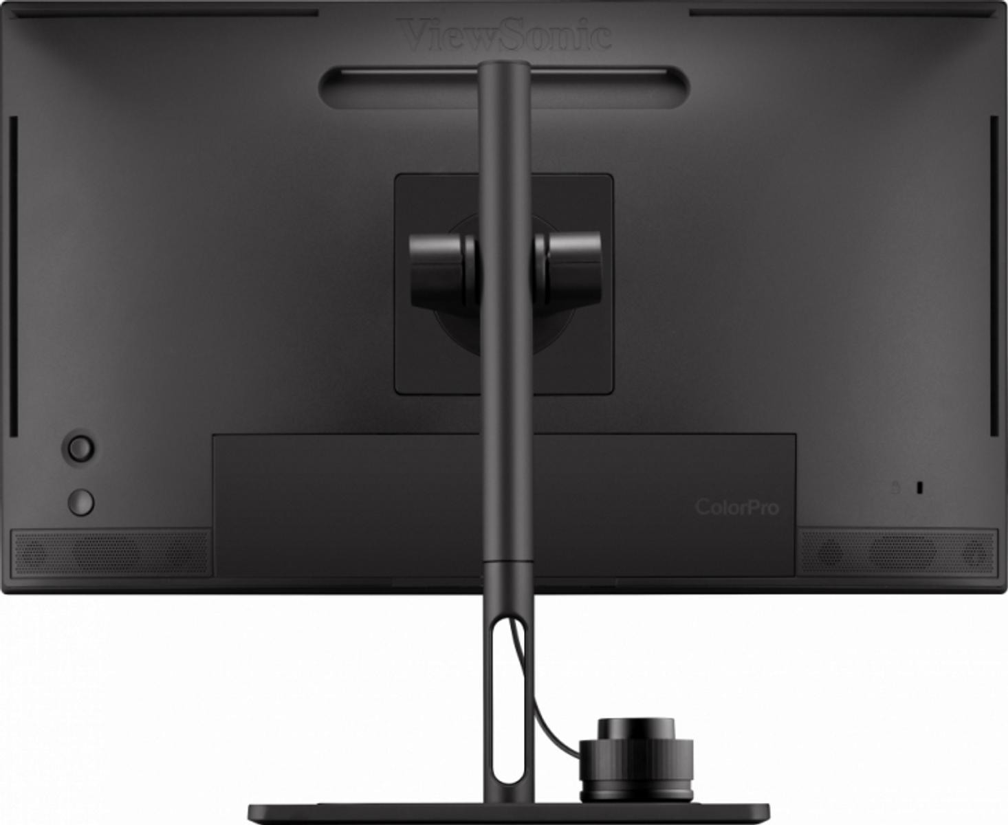 Rückansicht eines schwarzen Monitors mit Ständer. ViewSonic-Logo oben. ColorPro-Text unten.