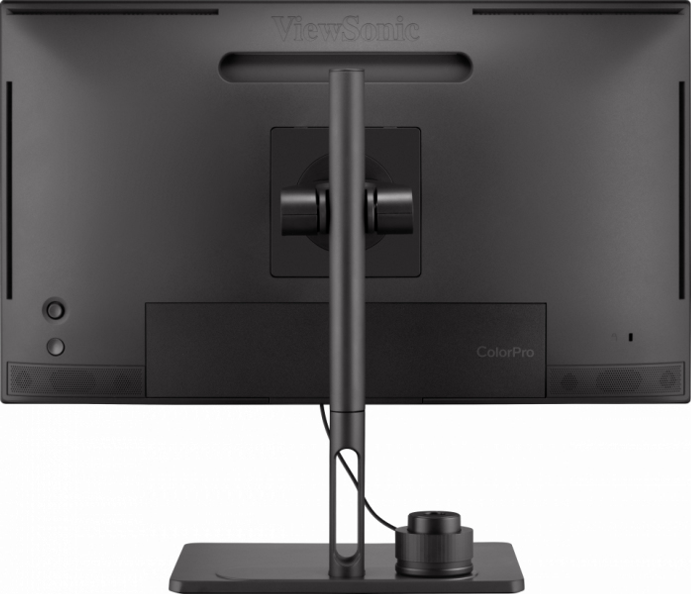 Die Rückseite eines schwarzen ViewSonic-Monitors. Er hat einen Ständer und das ColorPro-Logo.