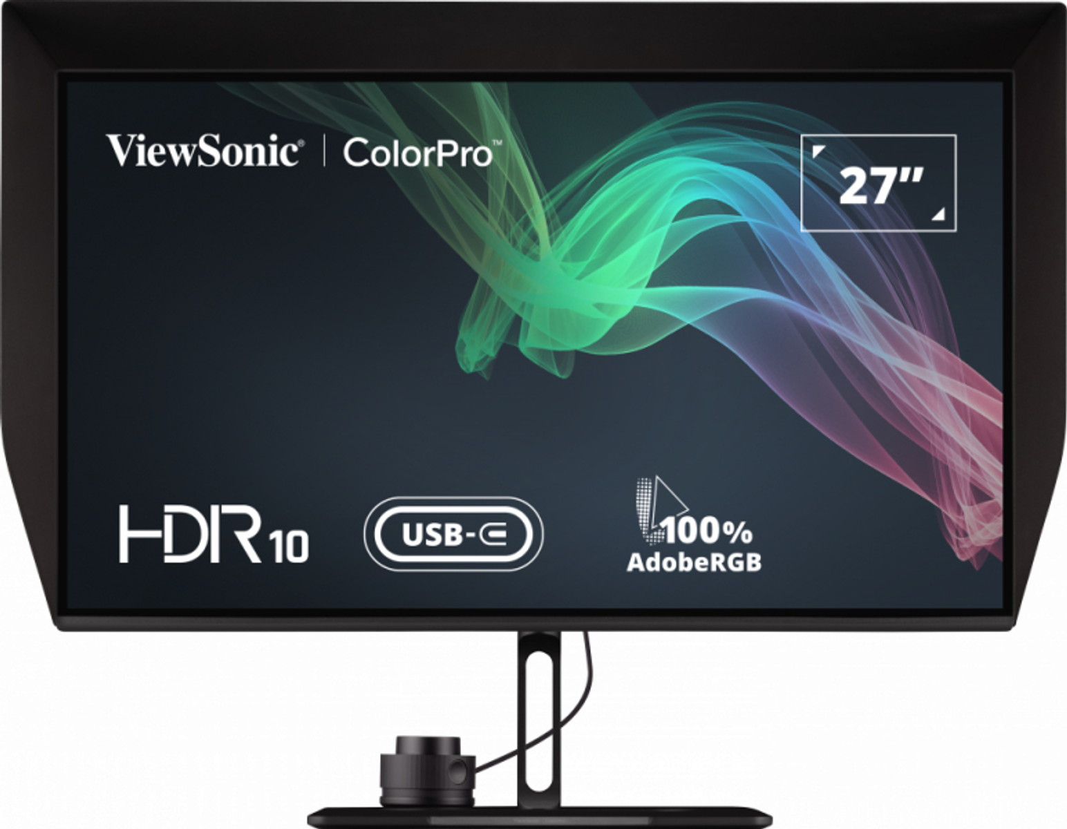 27-Zoll-Monitor mit buntem, abstraktem Hintergrund. Mit HDR10- und USB-C-Anschlüssen.