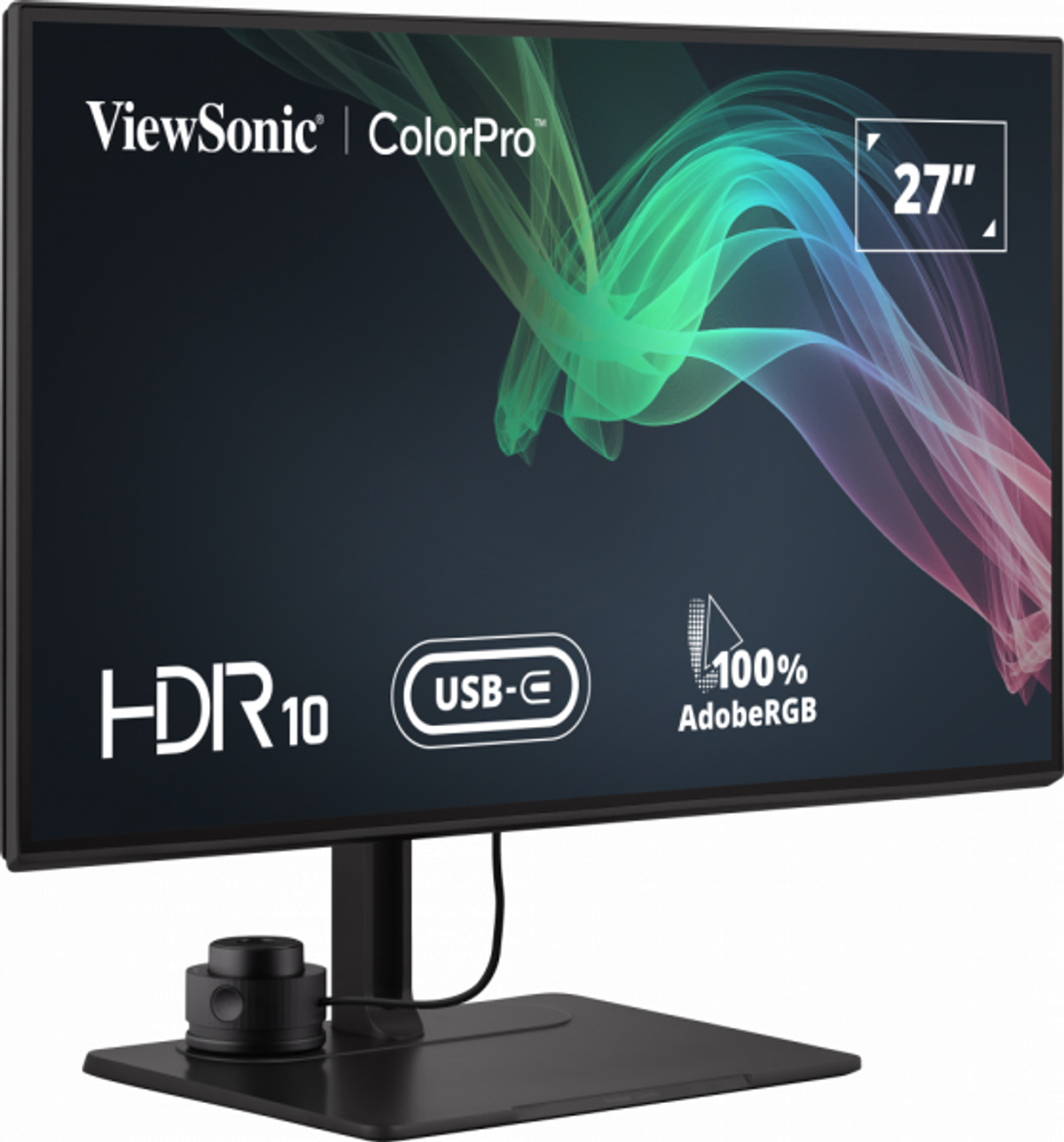Ein 27-Zoll-ViewSonic-Monitor zeigt ein farbenfrohes, abstraktes Bild. Es verfügt über HDR10, USB-C und AdobeRGB.