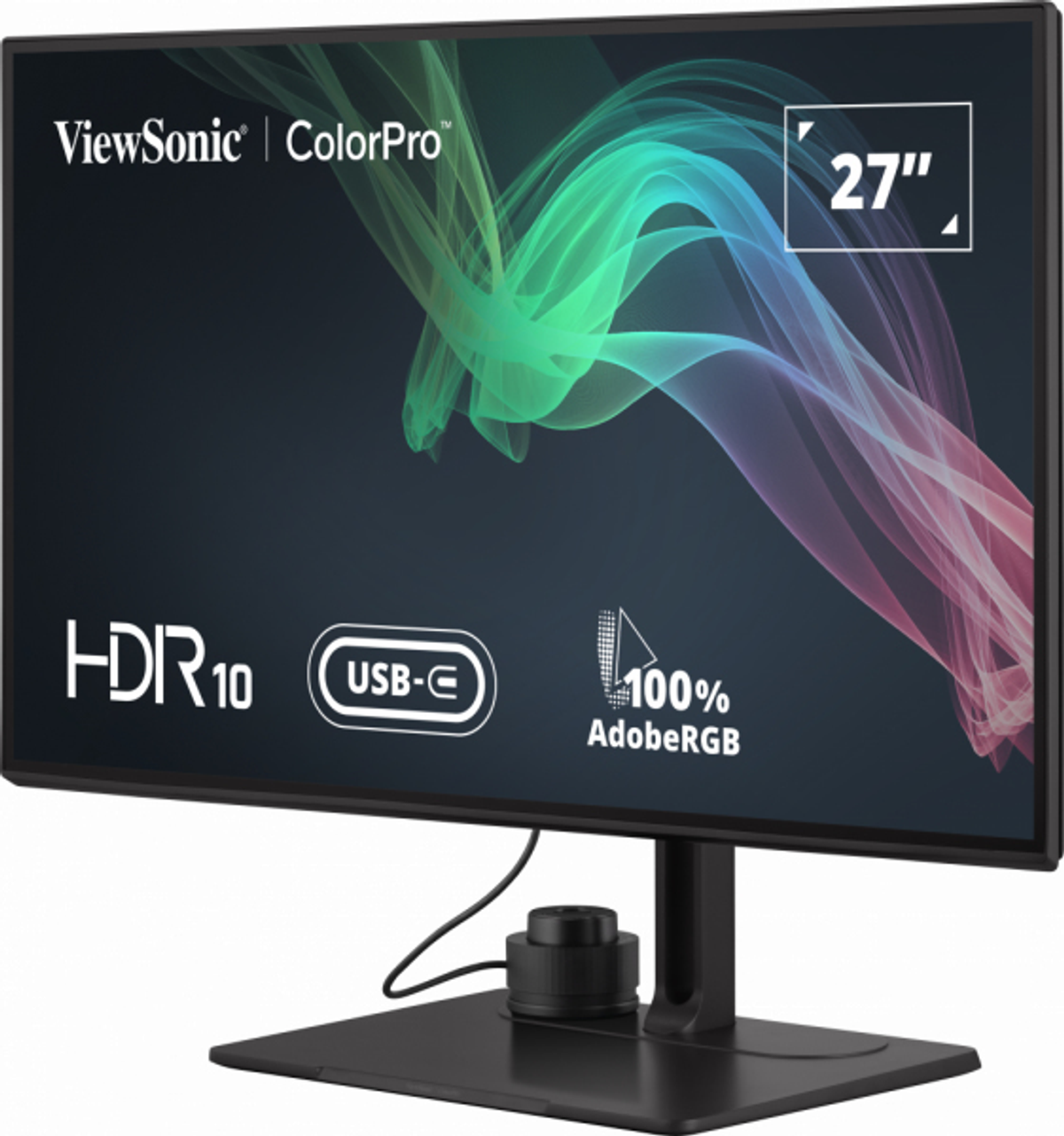 ViewSonic ColorPro Monitor mit schwarzem Ständer, zeigt eine bunte Grafik auf schwarzem Bildschirm.