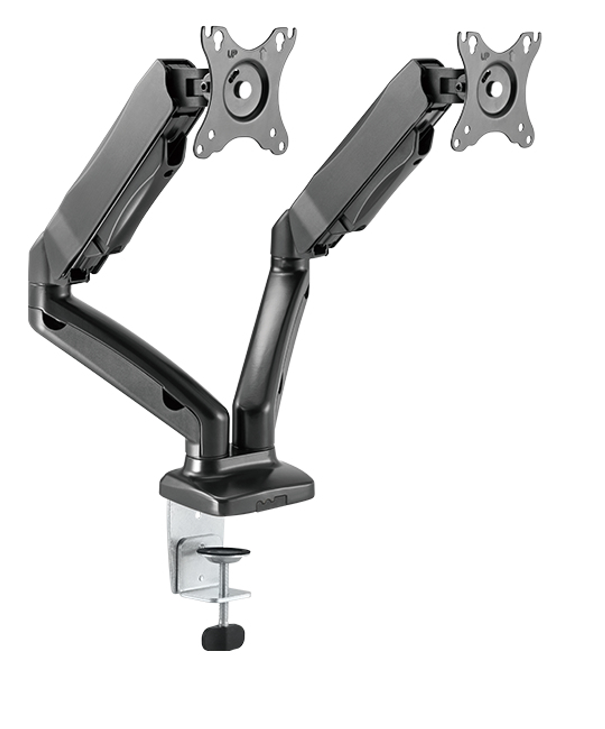 Een dubbele monitorarm, zwart, gemonteerd op een bureau. Heeft twee monitorbevestigingen en een verstelbare arm.