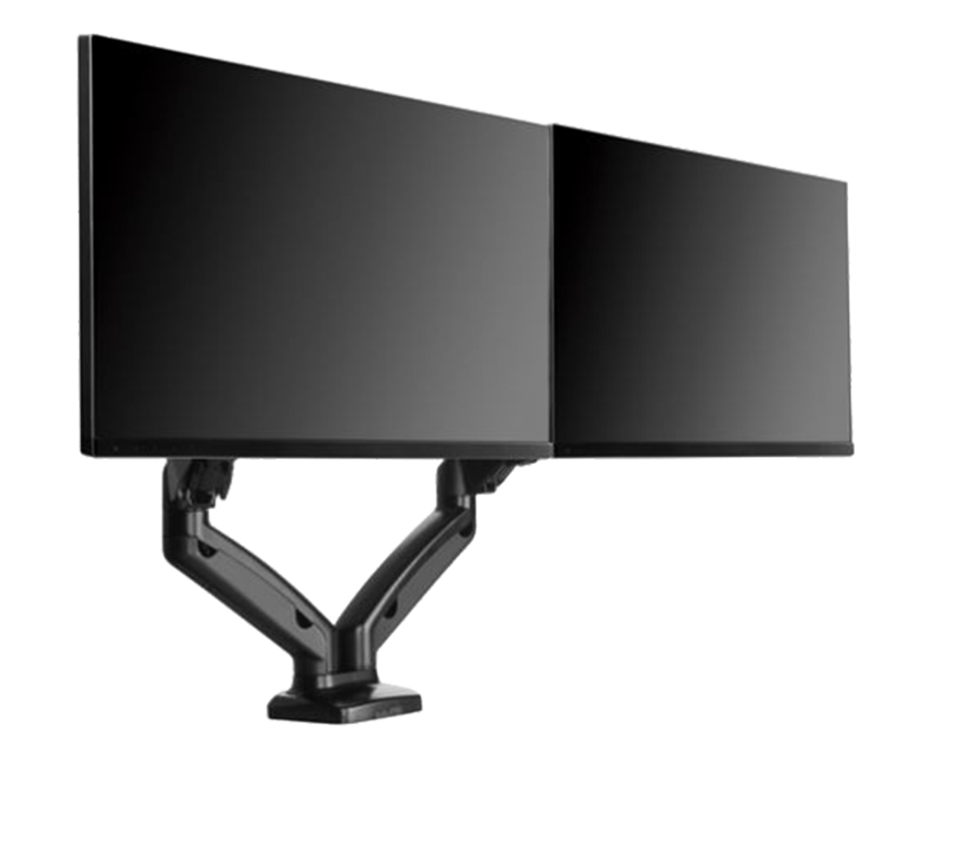 Twee zwarte computermonitoren gemonteerd op een V-vormige arm op een witte achtergrond.