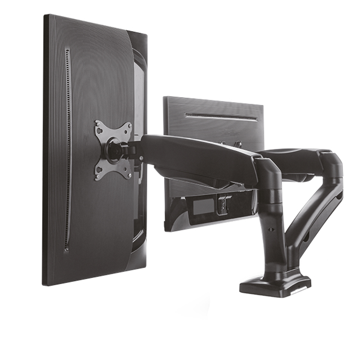 Dubbele monitorbeugel met twee monitoren. Zwarte kleur, witte achtergrond.
