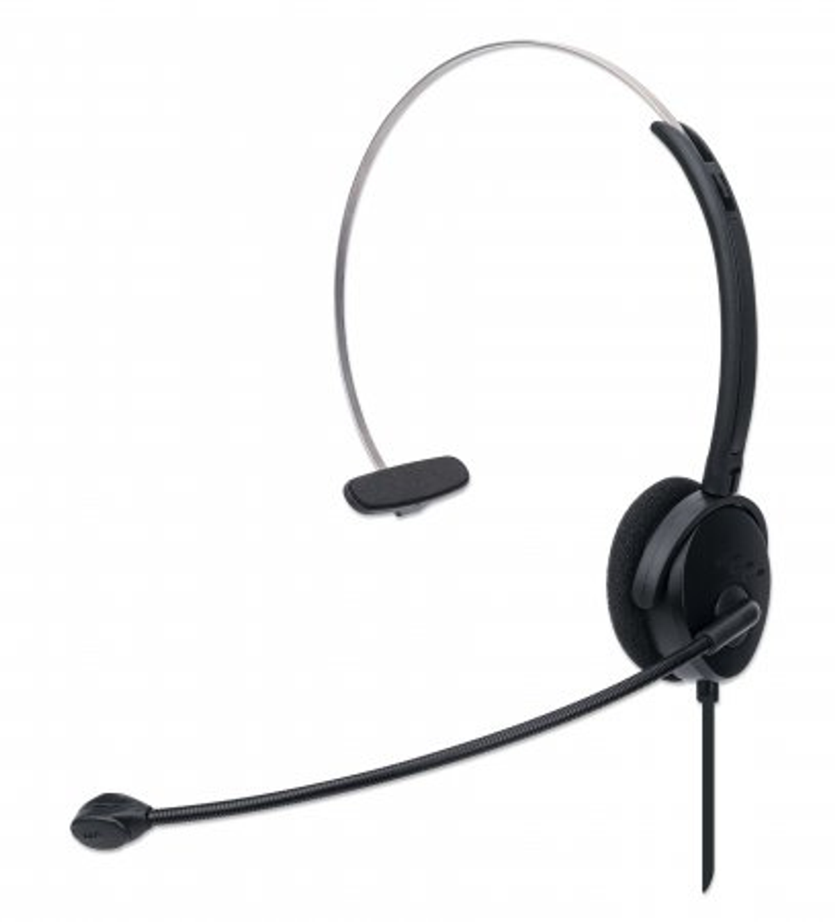 Un casque noir avec un microphone et un serre-tête en métal incurvé. Il est sur fond blanc.
