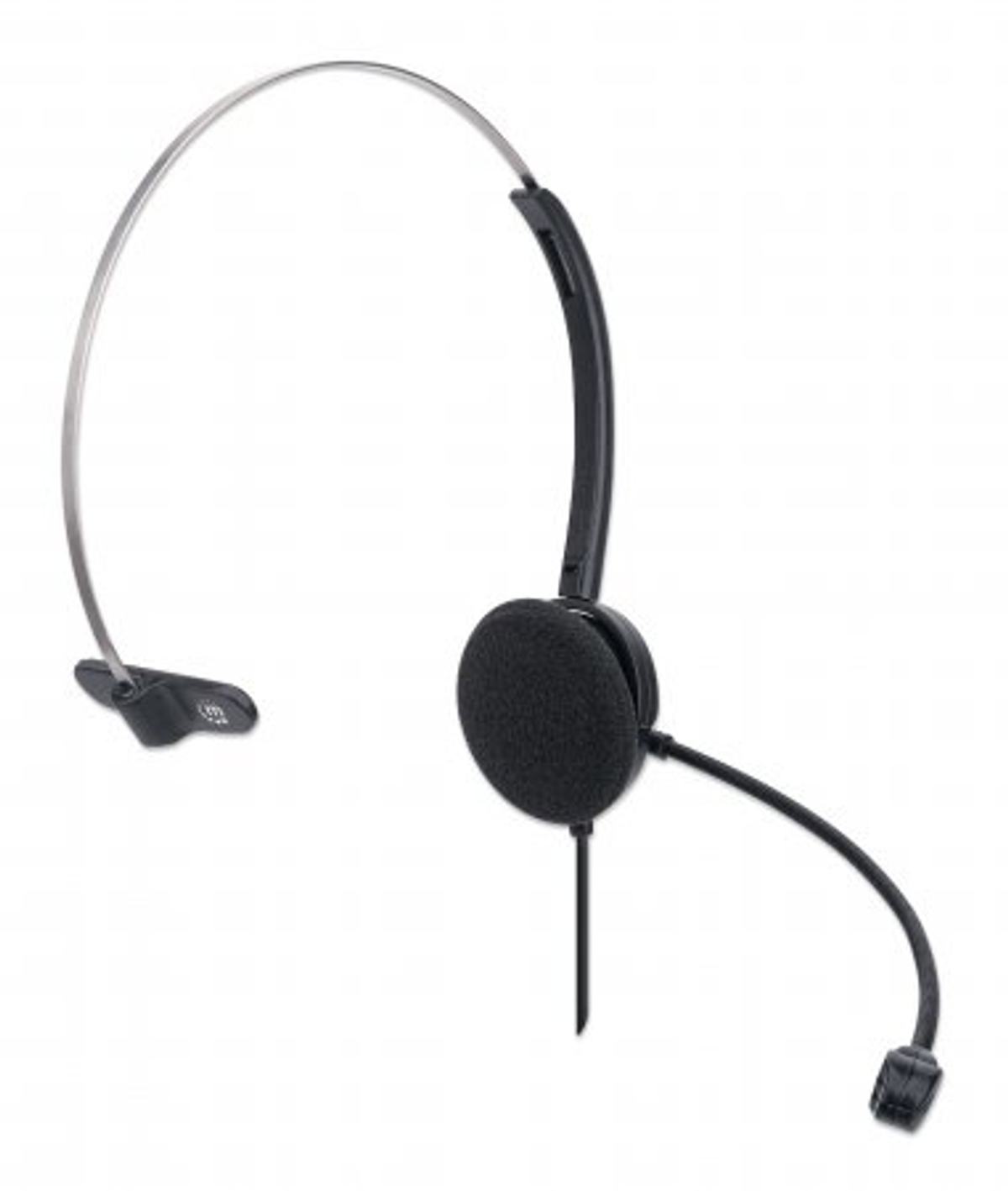 Casque avec haut-parleur et microphone noirs, serre-tête en métal, sur fond blanc.