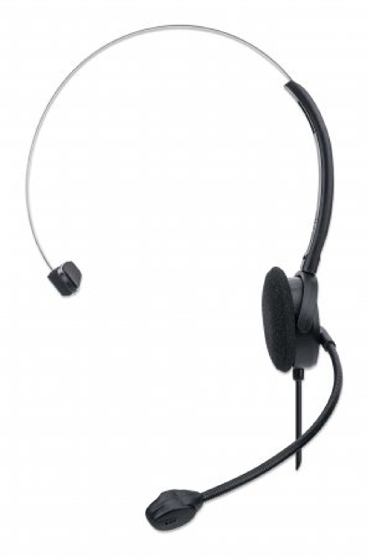 Casque noir avec un microphone s'étendant de l'écouteur à la zone de la bouche, sur fond blanc.