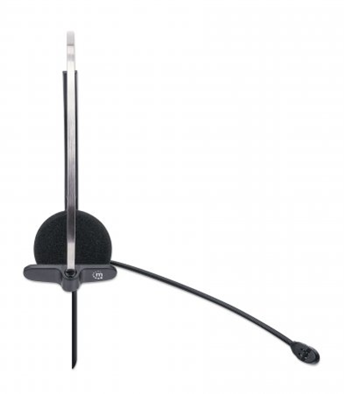Un casque noir avec un microphone est présenté sur un fond blanc.