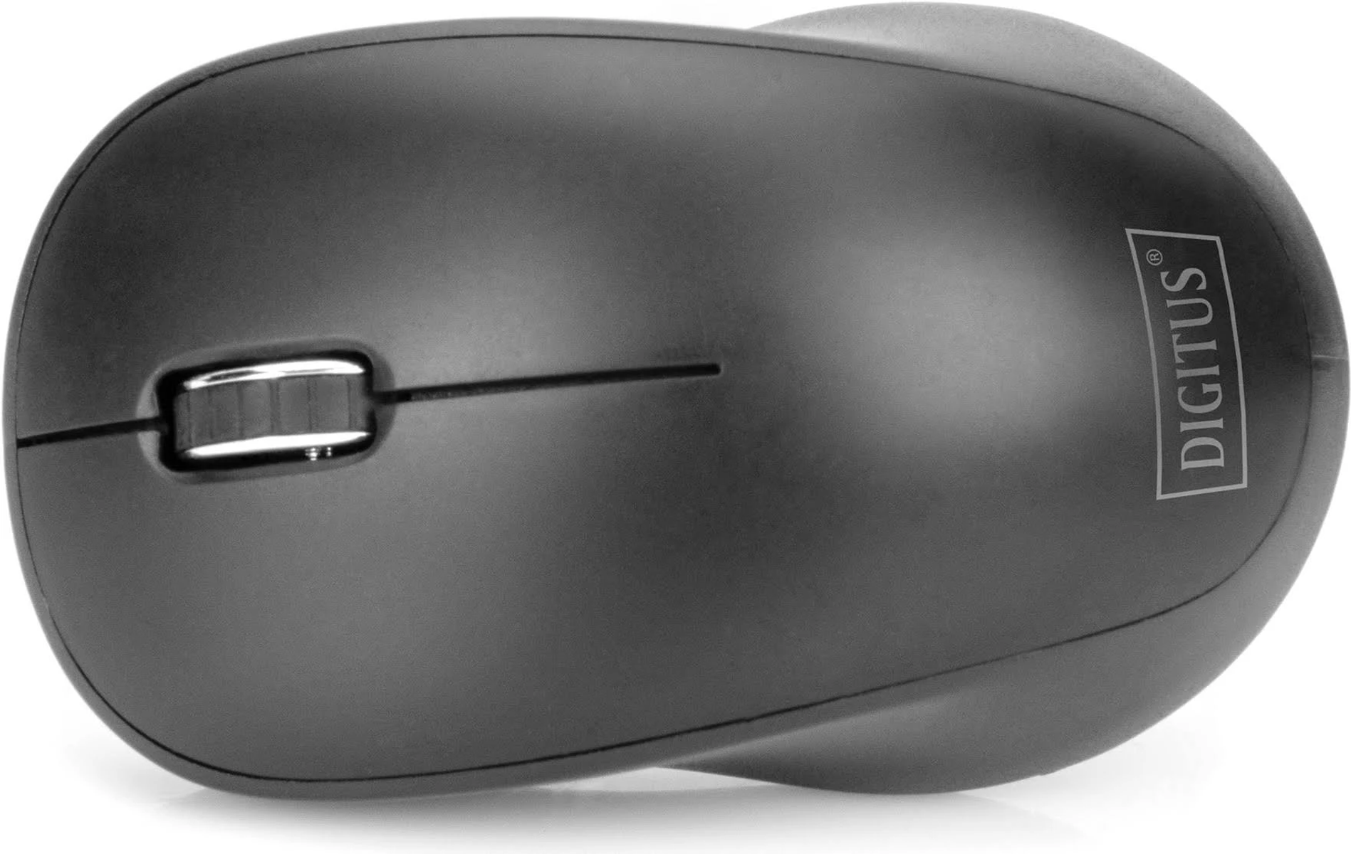 Nahaufnahme einer schwarzen Computermaus. Die Maus hat ein Scrollrad und das Logo 'DIGITUS'.